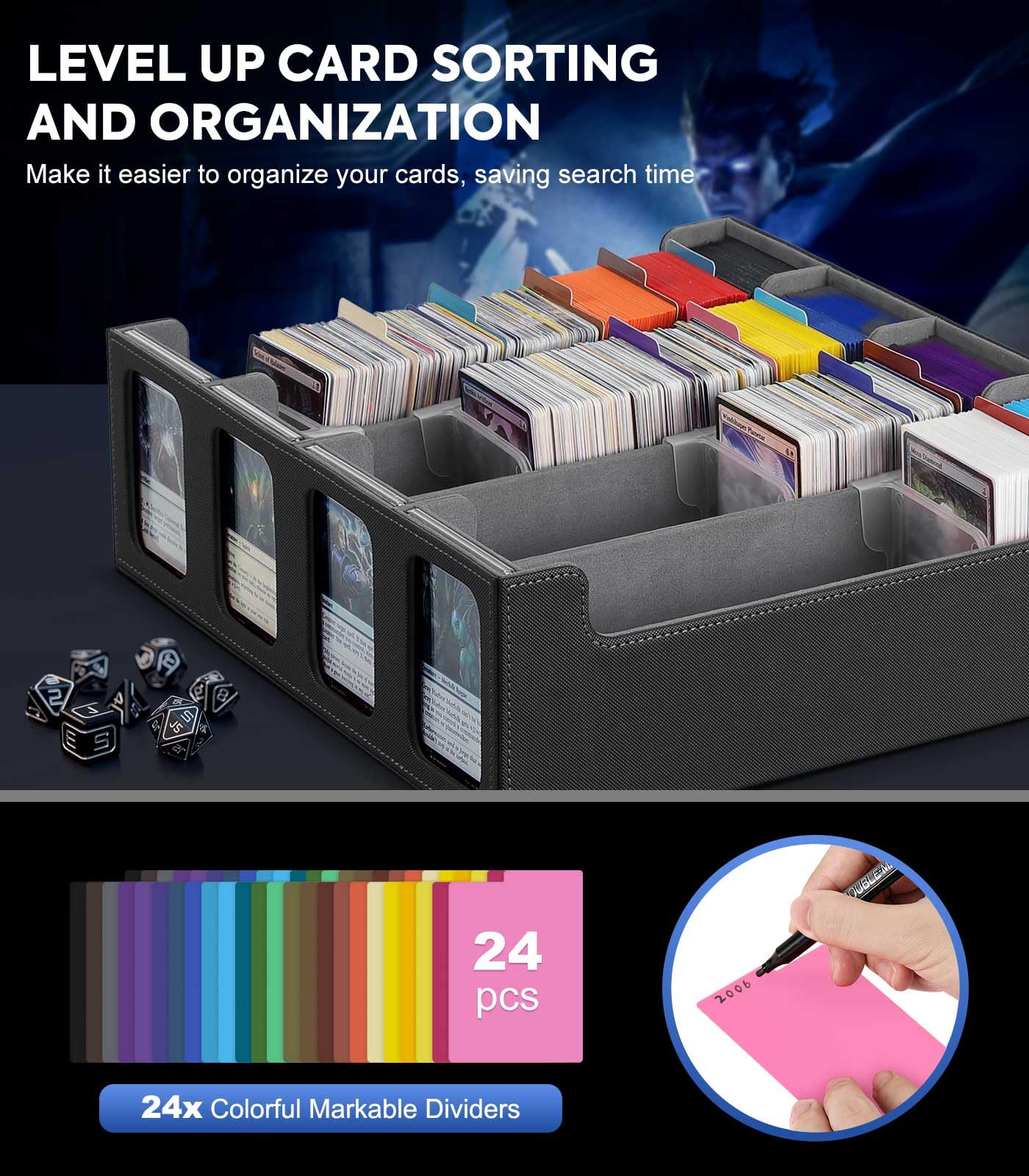 MoKo Card Storage Box for Trading Cards – 3000+ Capacity, 4 Display Windows, 24 Dividers, Magnetic Closure