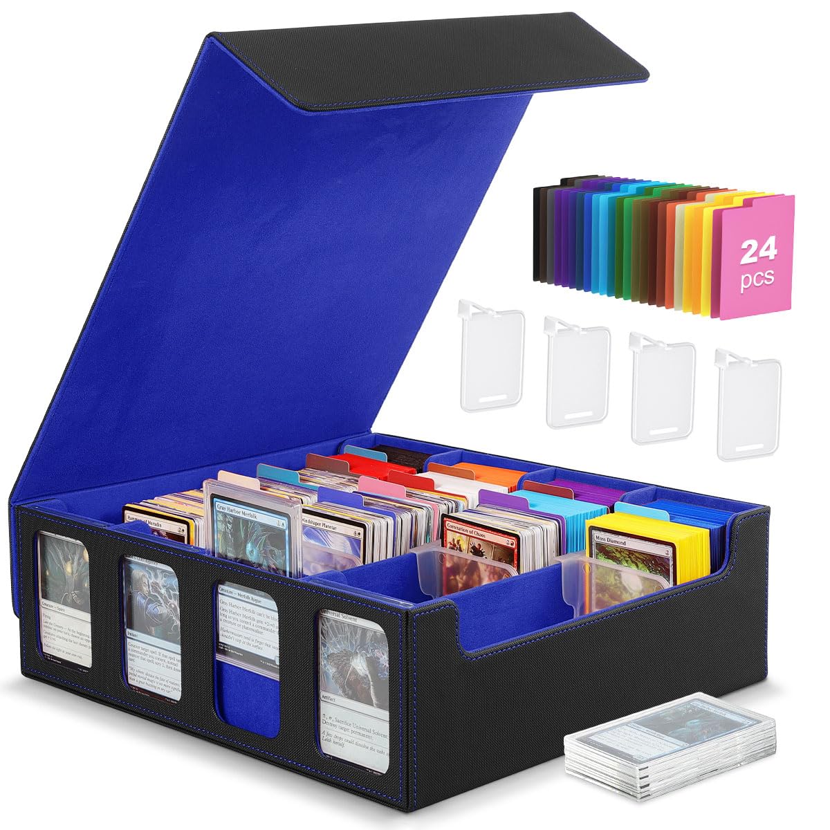 MoKo Card Storage Box for Trading Cards – 3000+ Deck Capacity, 24 Dividers, 4 Card Supporters, Display Windows