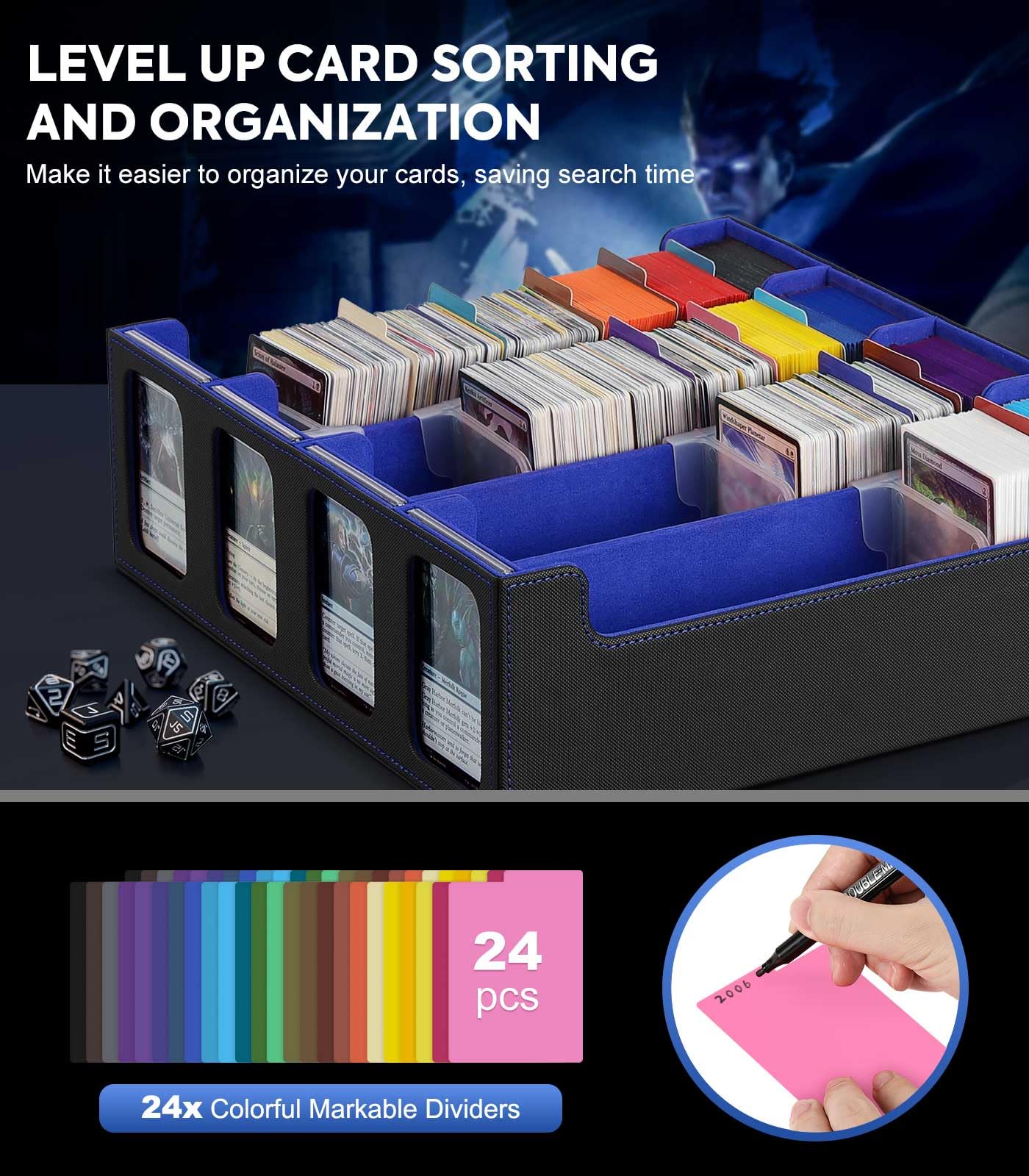 MoKo Card Storage Box for Trading Cards – 3000+ Deck Capacity, 24 Dividers, 4 Card Supporters, Display Windows