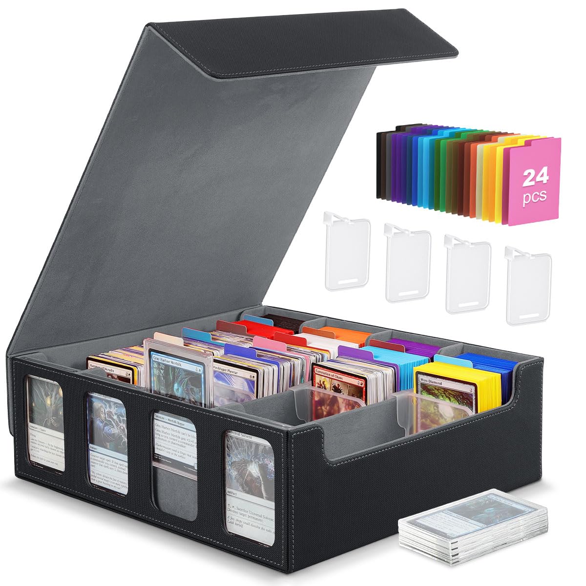 MoKo Card Storage Box for Trading Cards – 3000+ Capacity, 4 Display Windows, 24 Dividers, Magnetic Closure