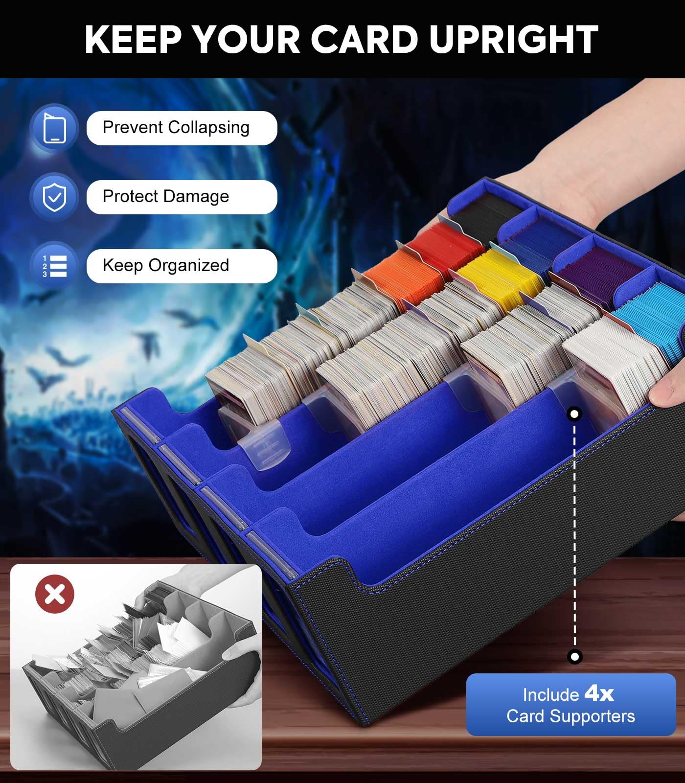 MoKo Card Storage Box for Trading Cards – 3000+ Deck Capacity, 24 Dividers, 4 Card Supporters, Display Windows