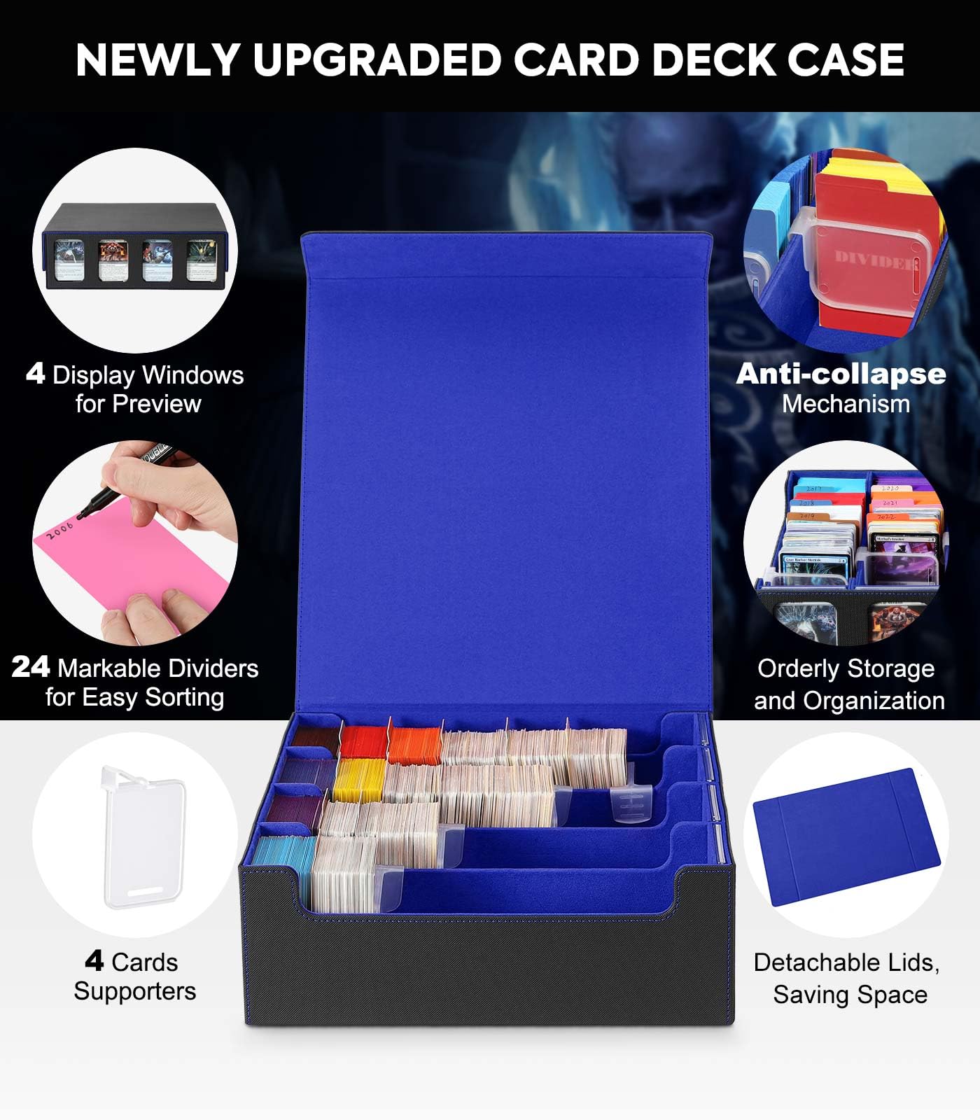 MoKo Card Storage Box for Trading Cards – 3000+ Deck Capacity, 24 Dividers, 4 Card Supporters, Display Windows