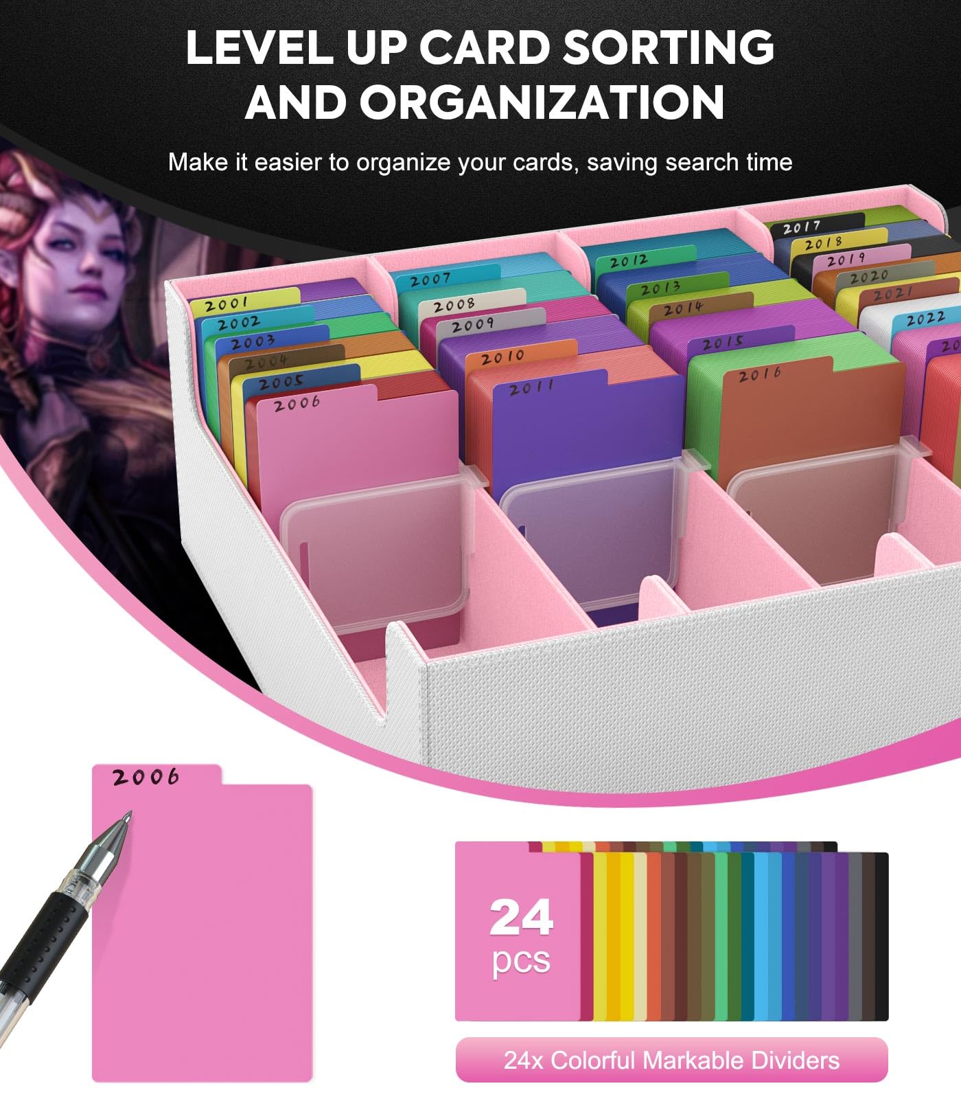 MoKo Trading Card Storage Box – 3000+ Capacity, 24 Dividers, 4 Supports, Magnetic Closure