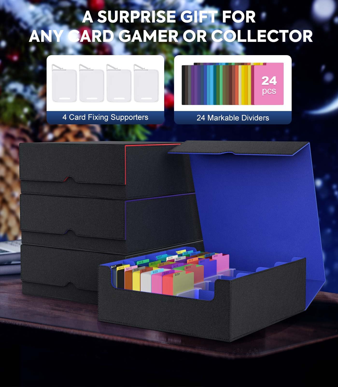 MoKo Trading Card Storage Box – 3000+ Capacity, 4 Card Supporters, 24 Dividers, Magnetic PU Leather Case