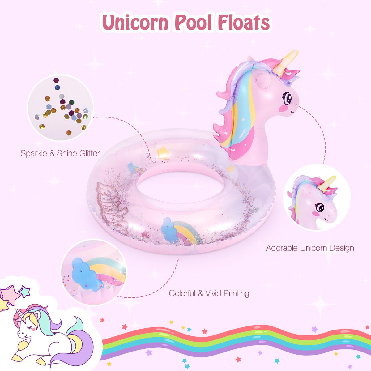 MoKo Unicorn Glitter Pool Float – Pink Sequin Swim Ring for Kids
