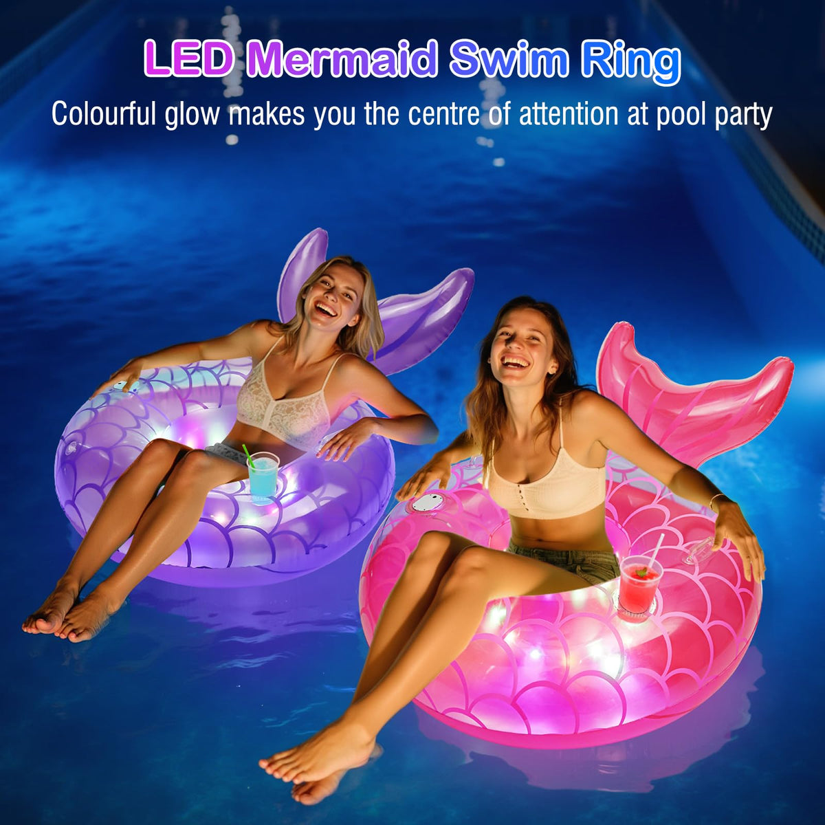 MoKo 42-Inch Mermaid Tail LED Pool Float with Cup Holder & Handles