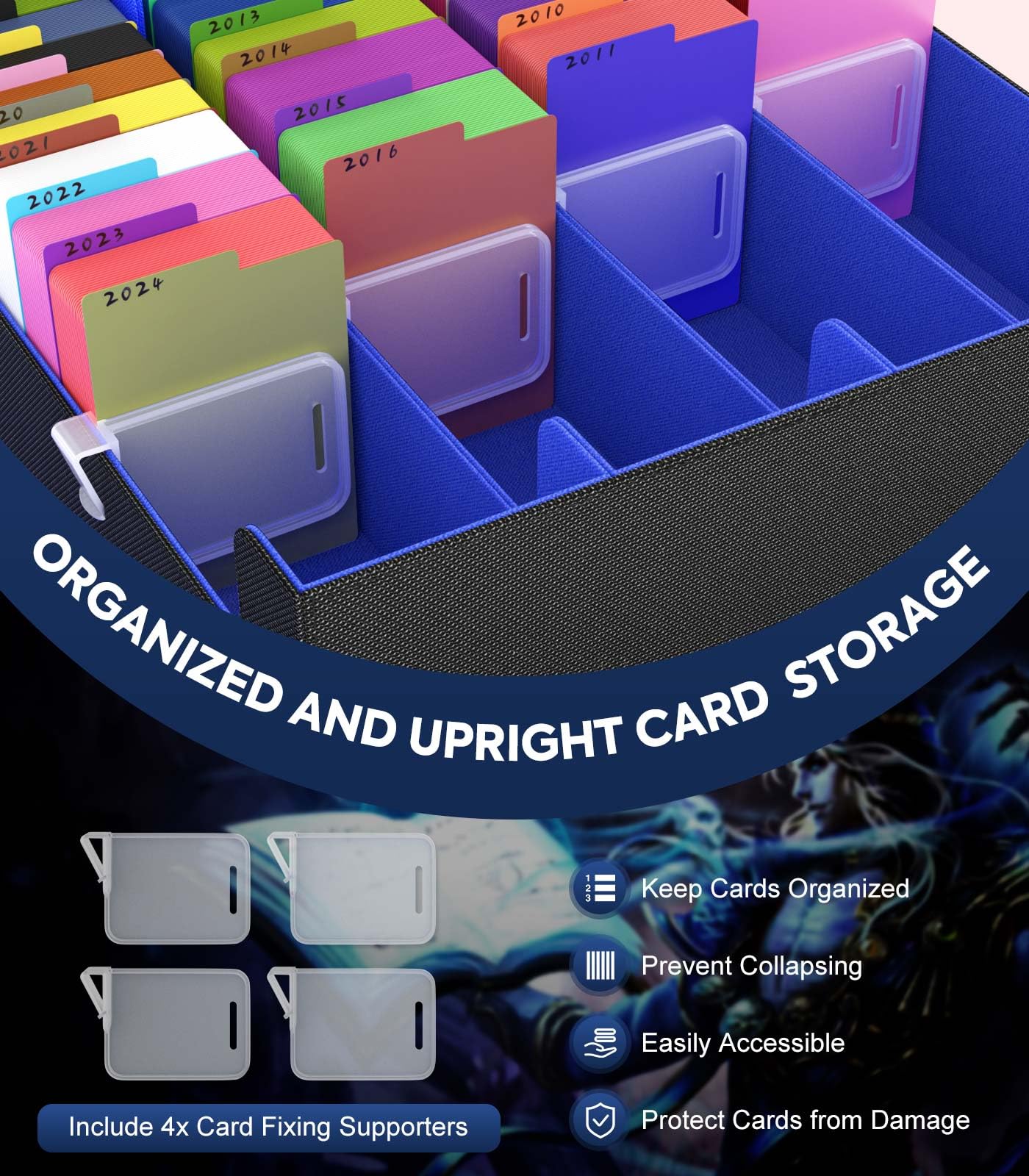 MoKo Trading Card Storage Box – 3000+ Capacity, 4 Card Supporters, 24 Dividers, Magnetic PU Leather Case