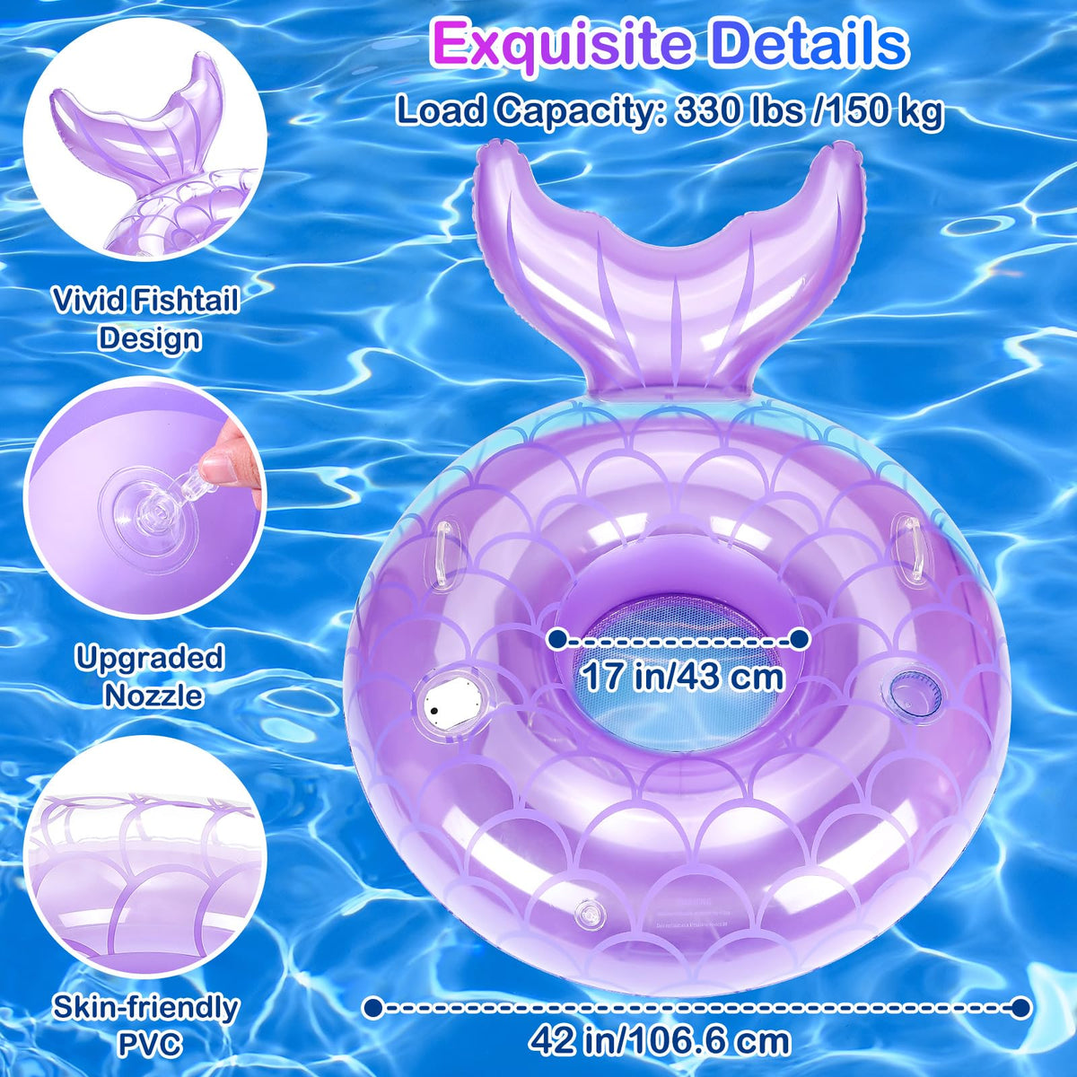 MoKo 42-Inch Mermaid Tail LED Pool Float with Cup Holder & Handles