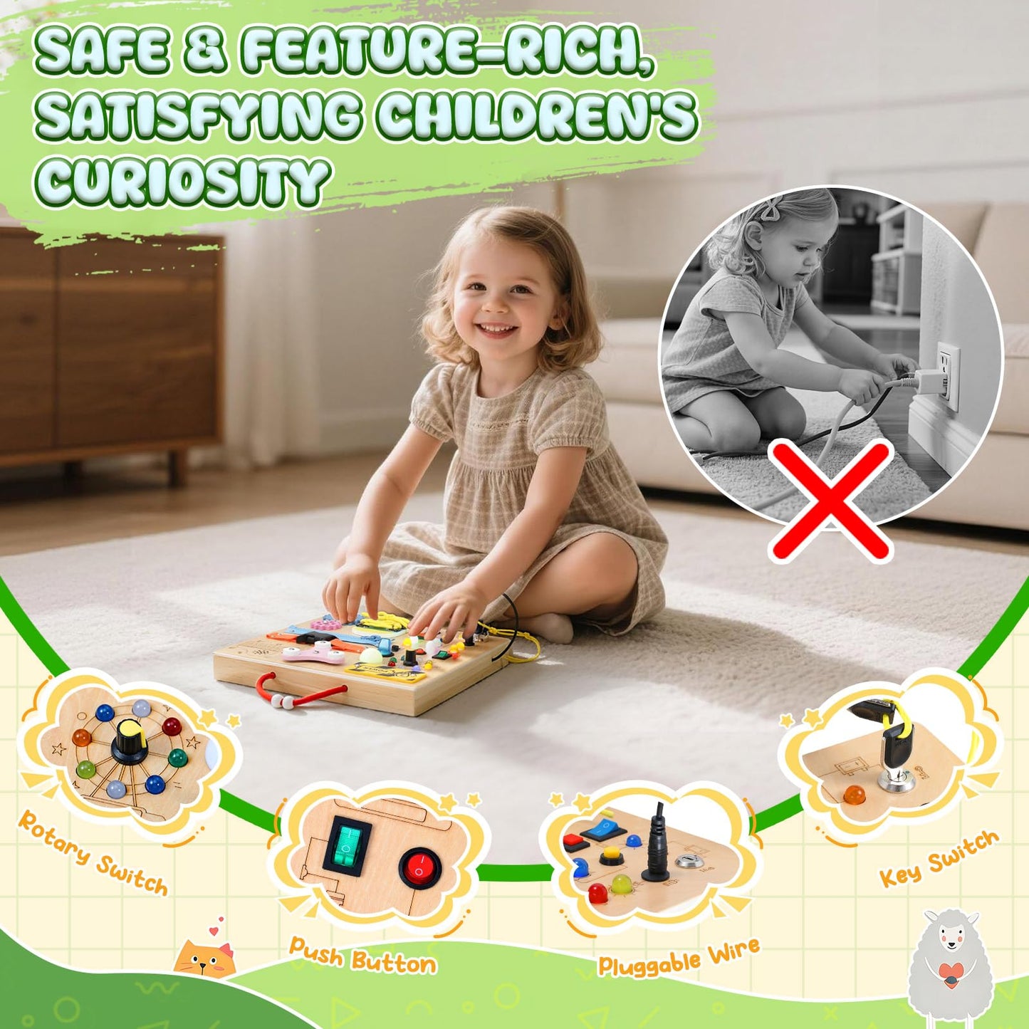 MoKo Montessori Busy Board for 3+ | Wooden Sensory Toy with LED Switches, Locks & Zippers