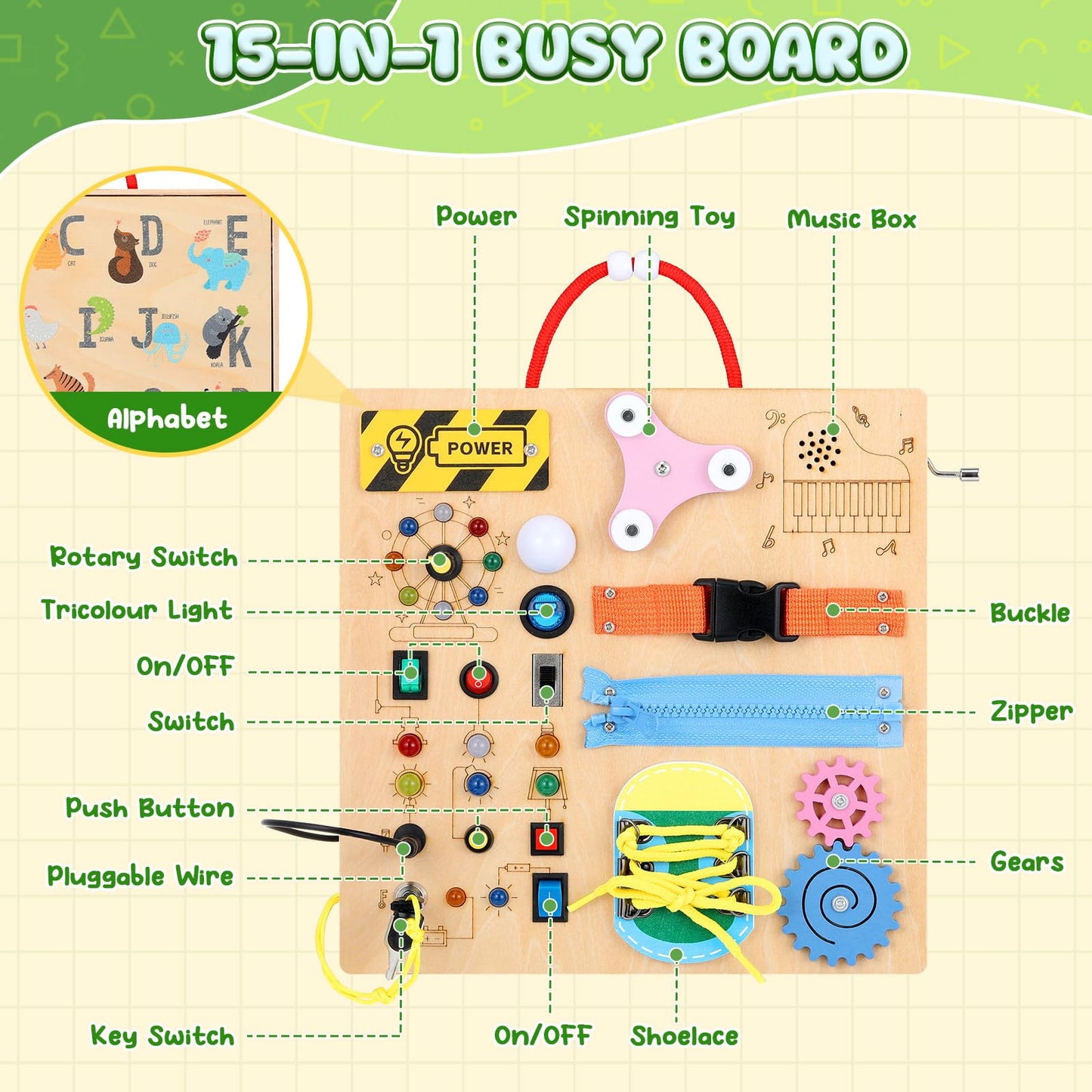 MoKo Montessori Busy Board for 3+ | Wooden Sensory Toy with LED Switches, Locks & Zippers