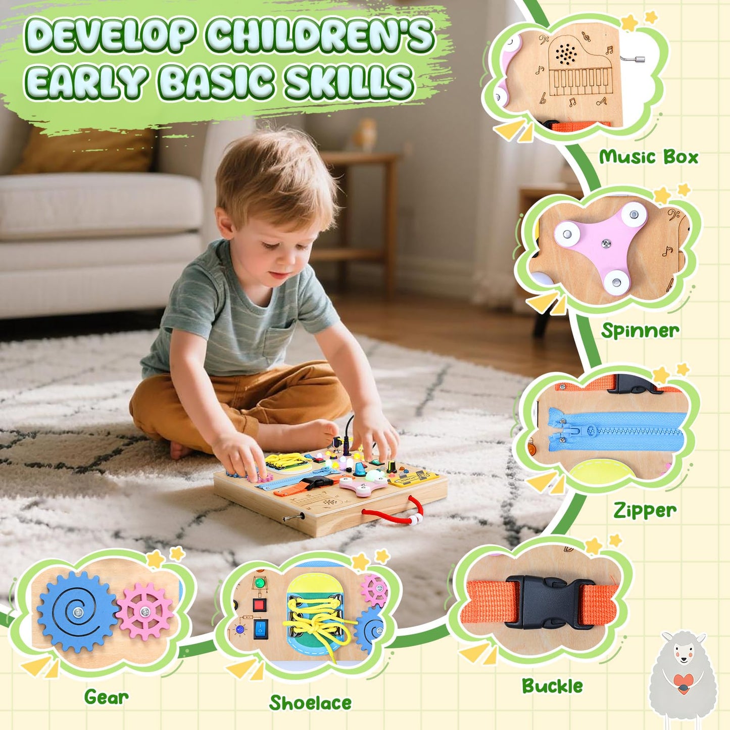 MoKo Montessori Busy Board for 3+ | Wooden Sensory Toy with LED Switches, Locks & Zippers