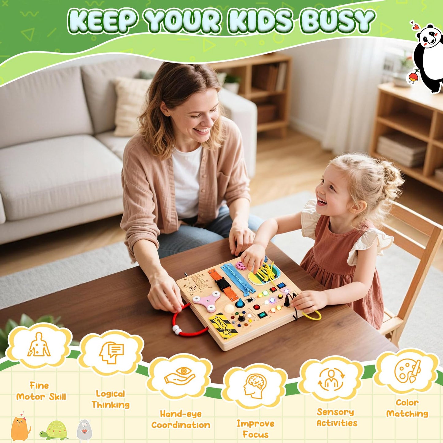MoKo Montessori Busy Board for 3+ | Wooden Sensory Toy with LED Switches, Locks & Zippers