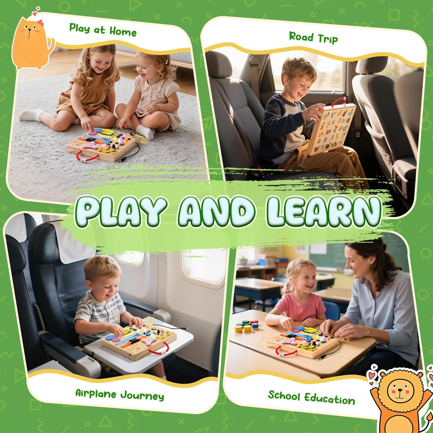 MoKo Montessori Busy Board for 3+ | Wooden Sensory Toy with LED Switches, Locks & Zippers