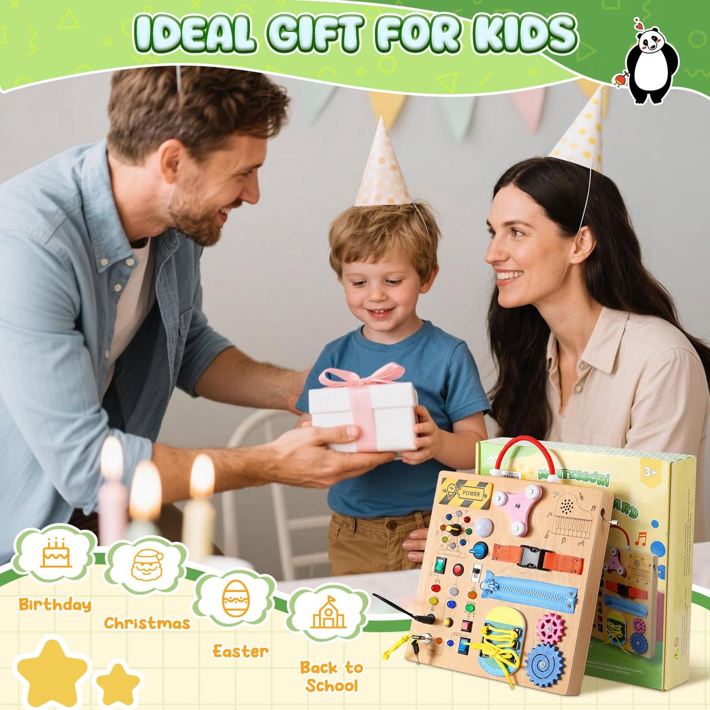 MoKo Montessori Busy Board for 3+ | Wooden Sensory Toy with LED Switches, Locks & Zippers