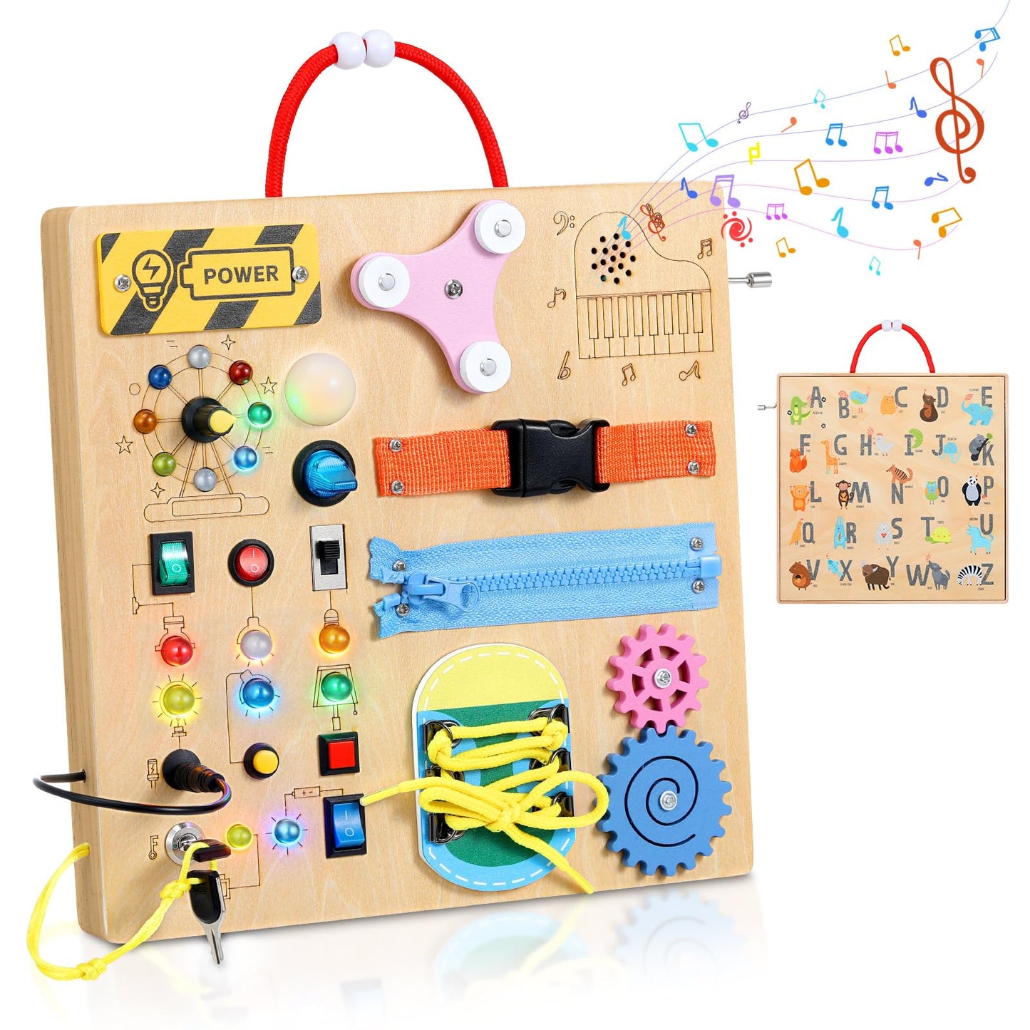 MoKo Montessori Busy Board for 3+ | Wooden Sensory Toy with LED Switches, Locks & Zippers