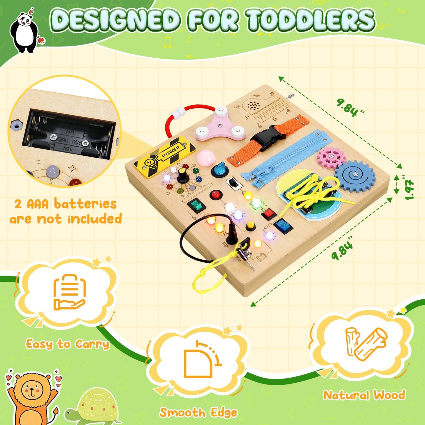 MoKo Montessori Busy Board for 3+ | Wooden Sensory Toy with LED Switches, Locks & Zippers