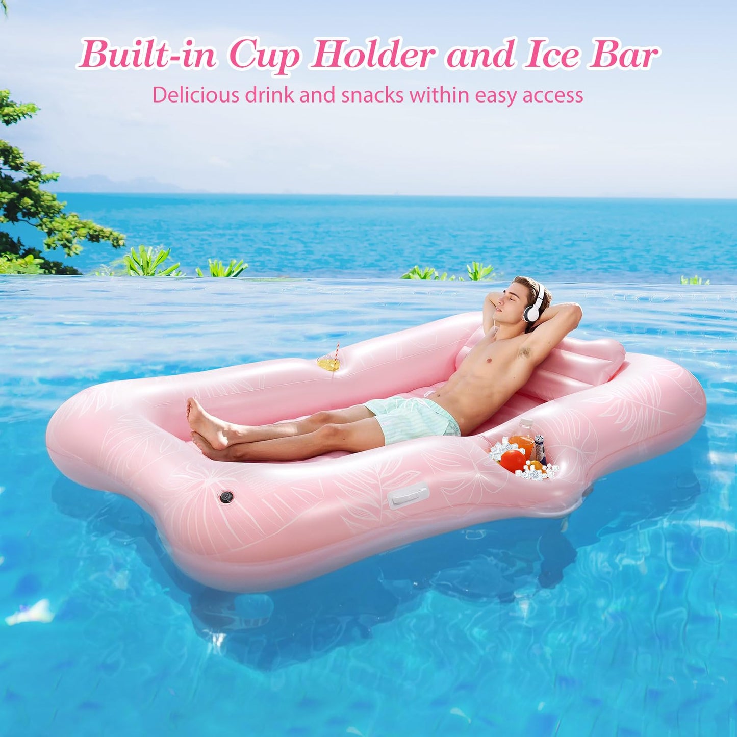 MoKo Pool Floats Adult – 82x50 Large Floating Bed with Ice Bar (Pink Leaf)