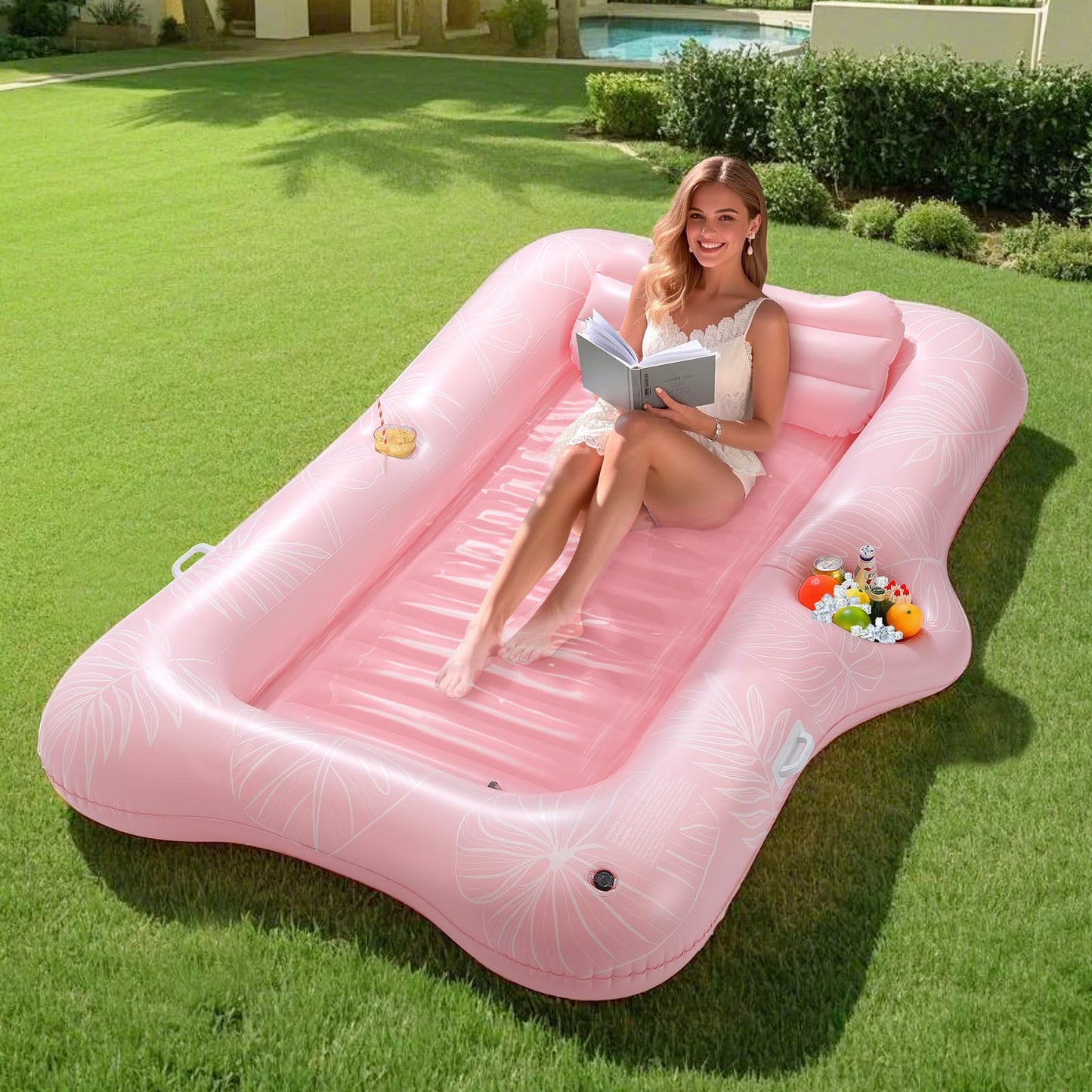 MoKo Pool Floats Adult – 82x50 Large Floating Bed with Ice Bar (Pink Leaf)