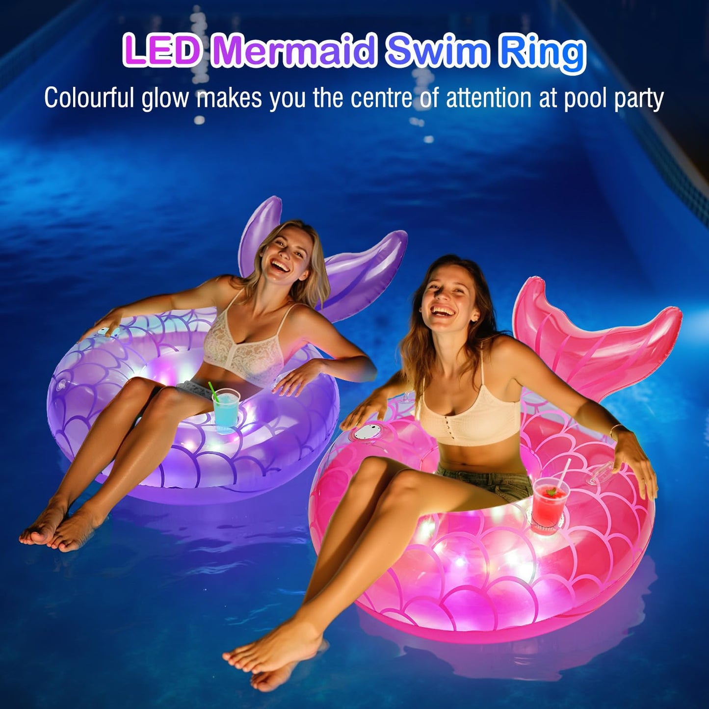 MoKo 42-Inch Lighted Mermaid Tail Pool Floats for Adults – LED Pool Toy with Cup Holder