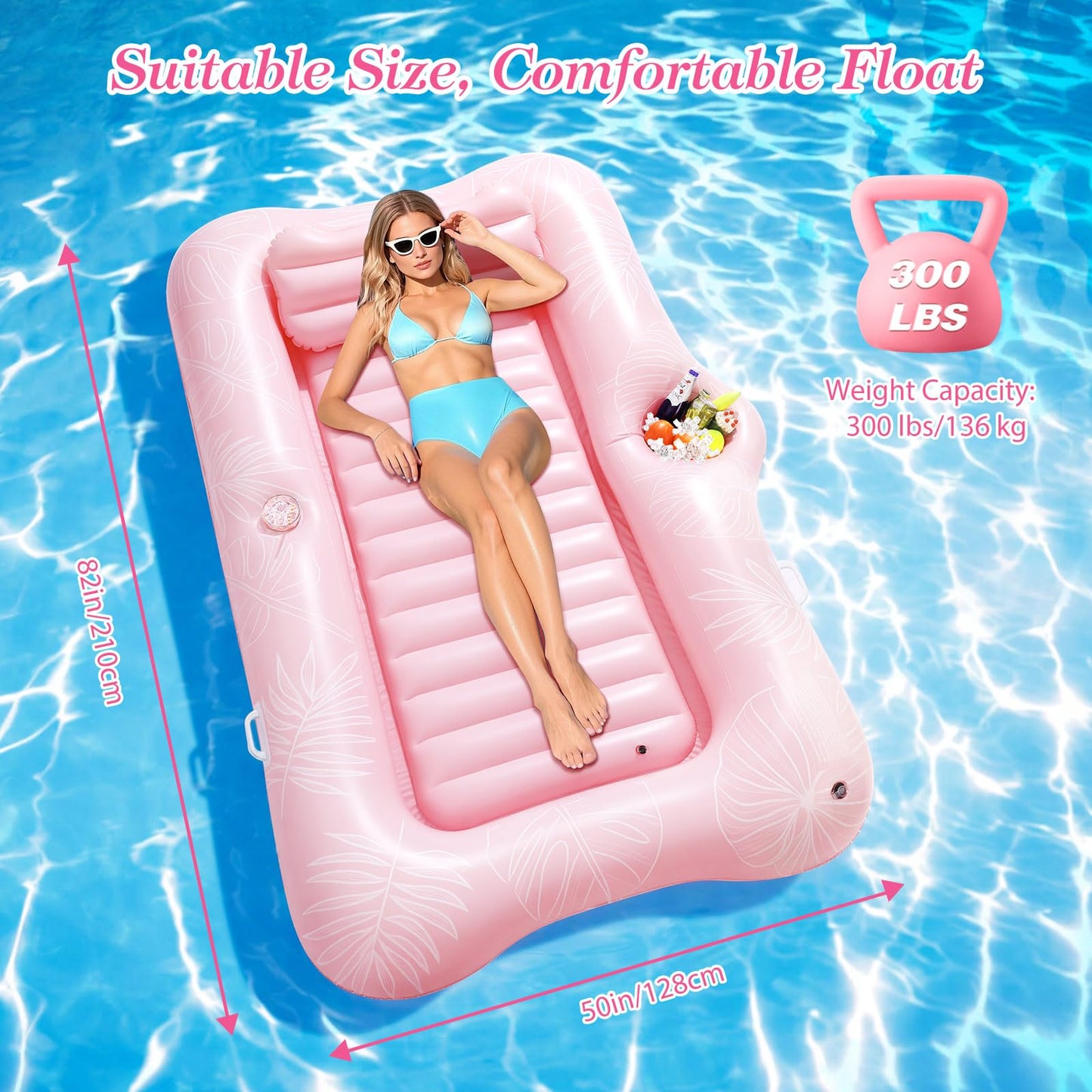 MoKo Pool Floats Adult – 82x50 Large Floating Bed with Ice Bar (Pink Leaf)