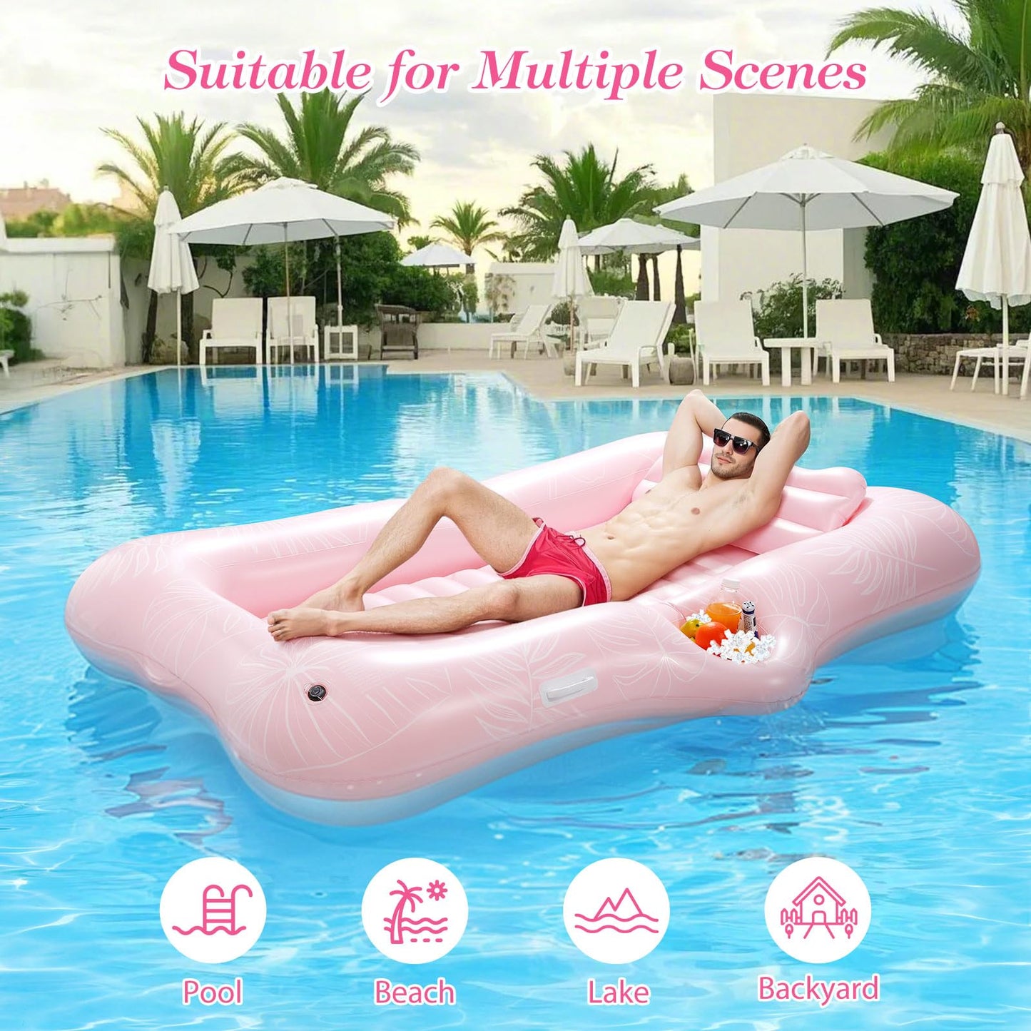 MoKo Pool Floats Adult – 82x50 Large Floating Bed with Ice Bar (Pink Leaf)