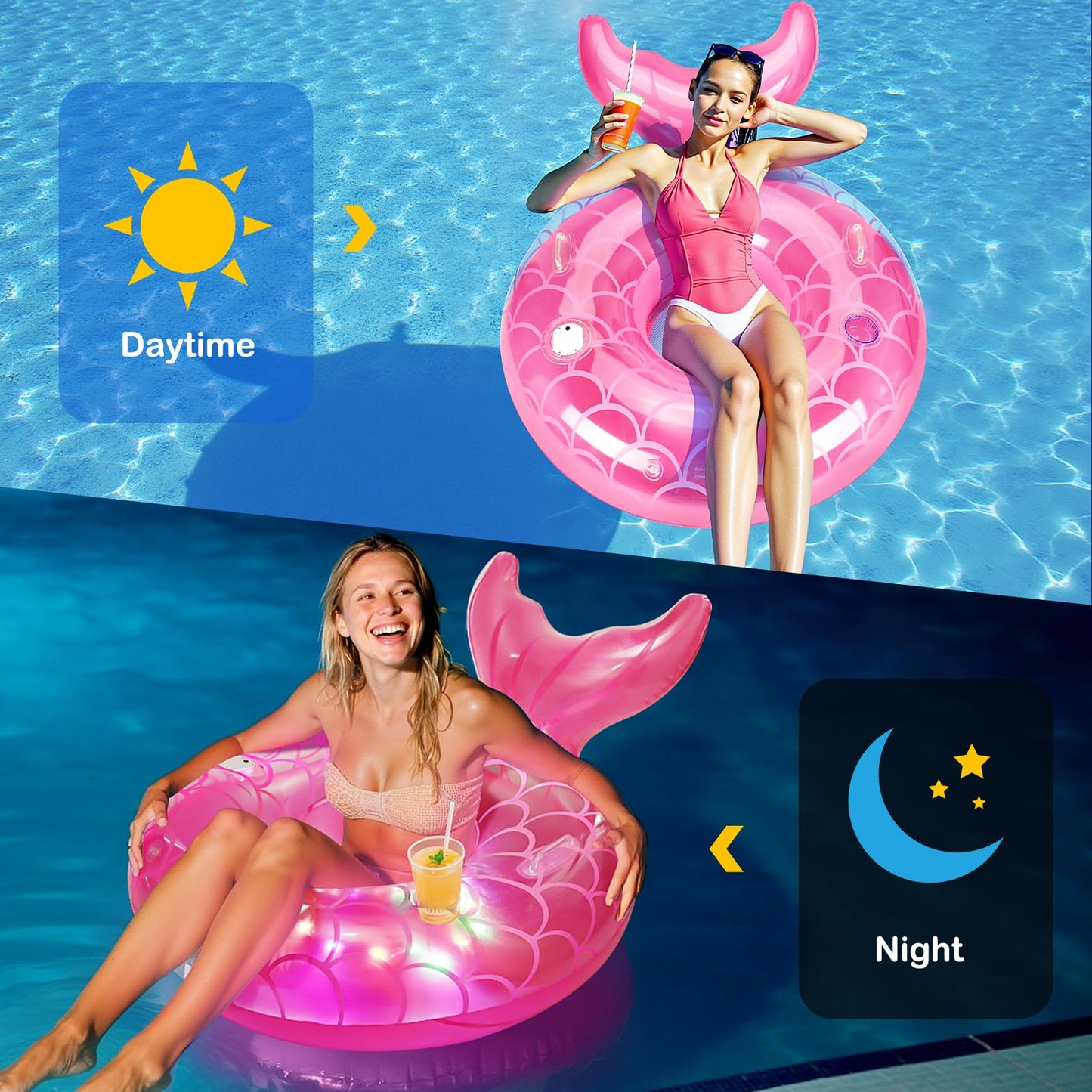 MoKo 42-Inch Lighted Mermaid Tail Pool Floats for Adults – LED Pool Toy with Cup Holder