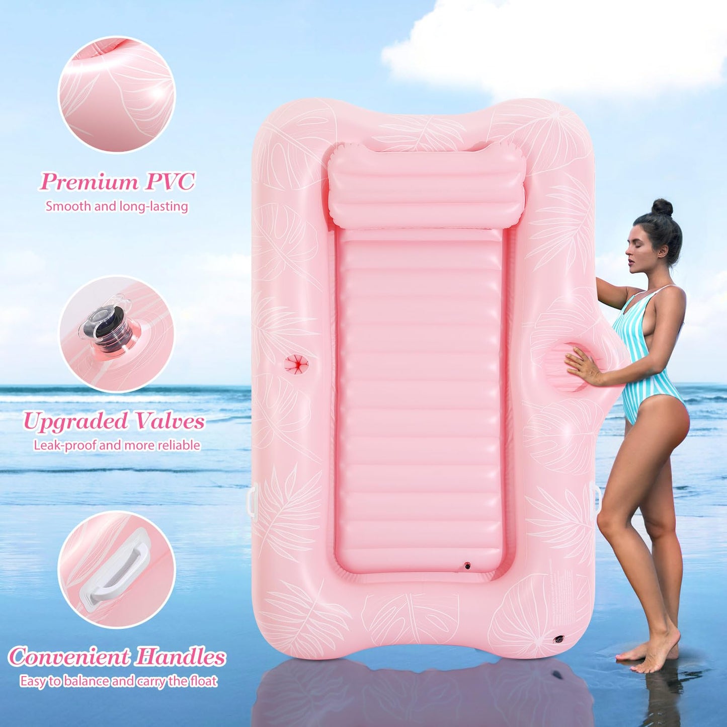 MoKo Pool Floats Adult – 82x50 Large Floating Bed with Ice Bar (Pink Leaf)