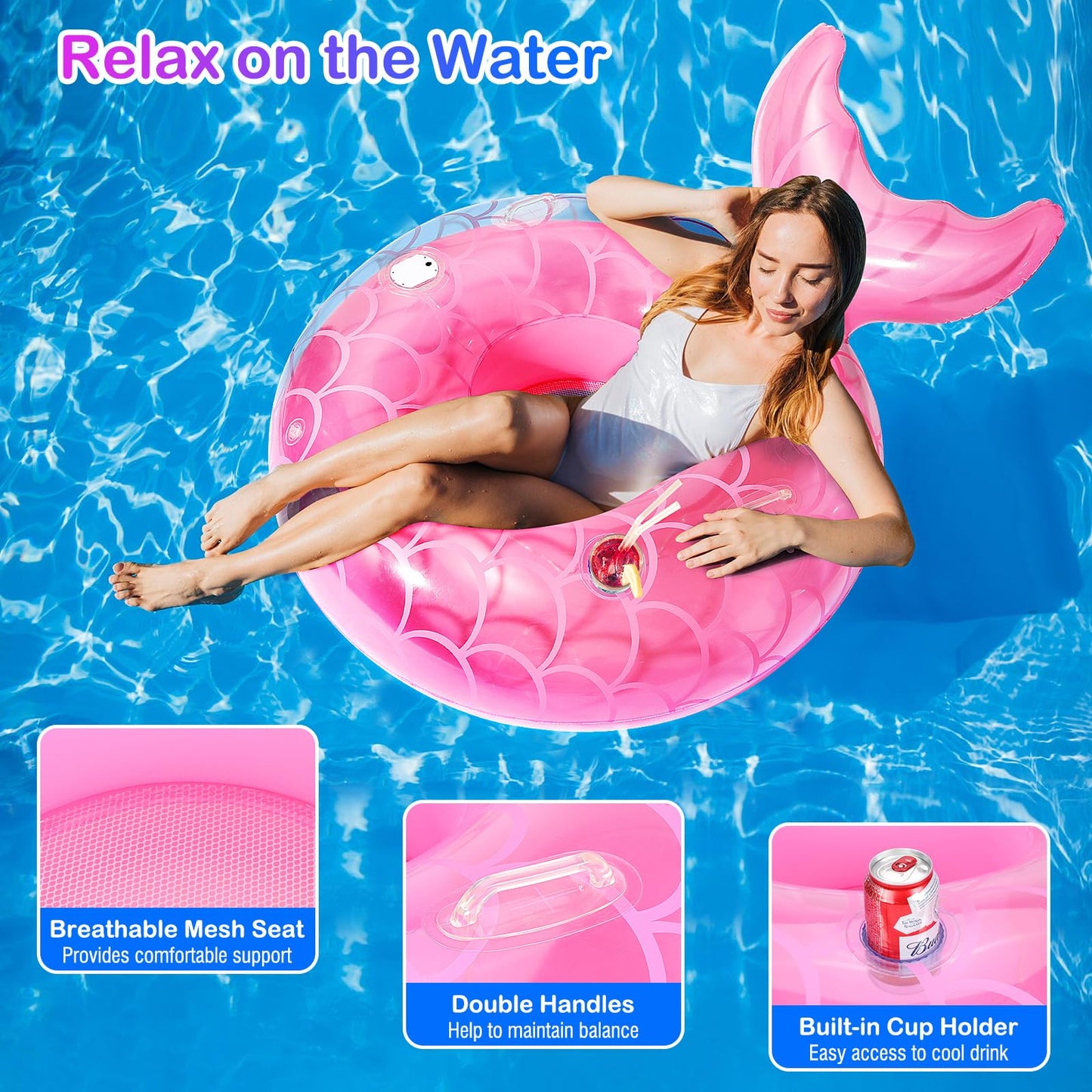 MoKo 42-Inch Lighted Mermaid Tail Pool Floats for Adults – LED Pool Toy with Cup Holder