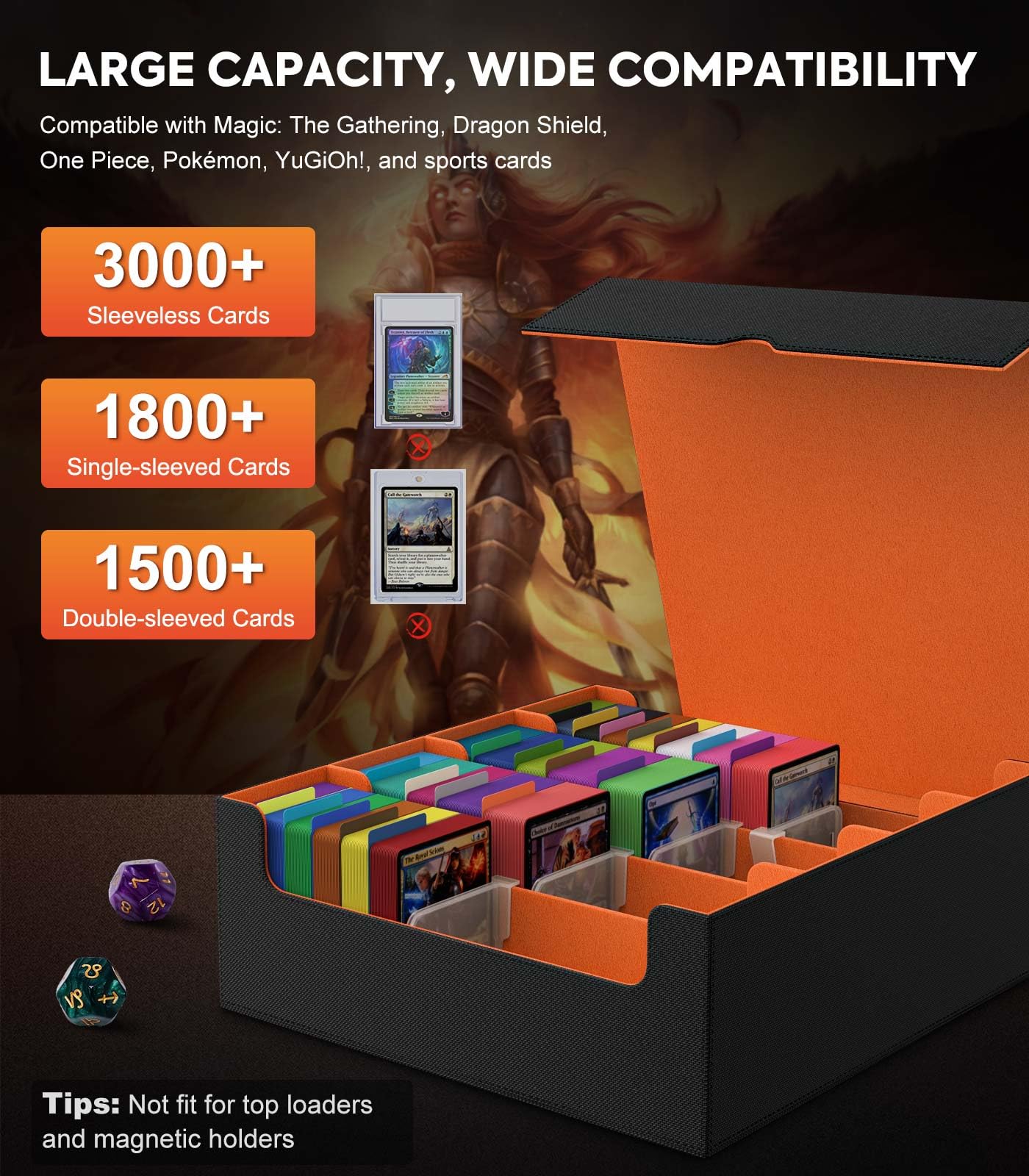 MoKo Trading Card Storage Box | 3000+ Capacity, 24 Dividers, 4 Card Supporters, PU Leather