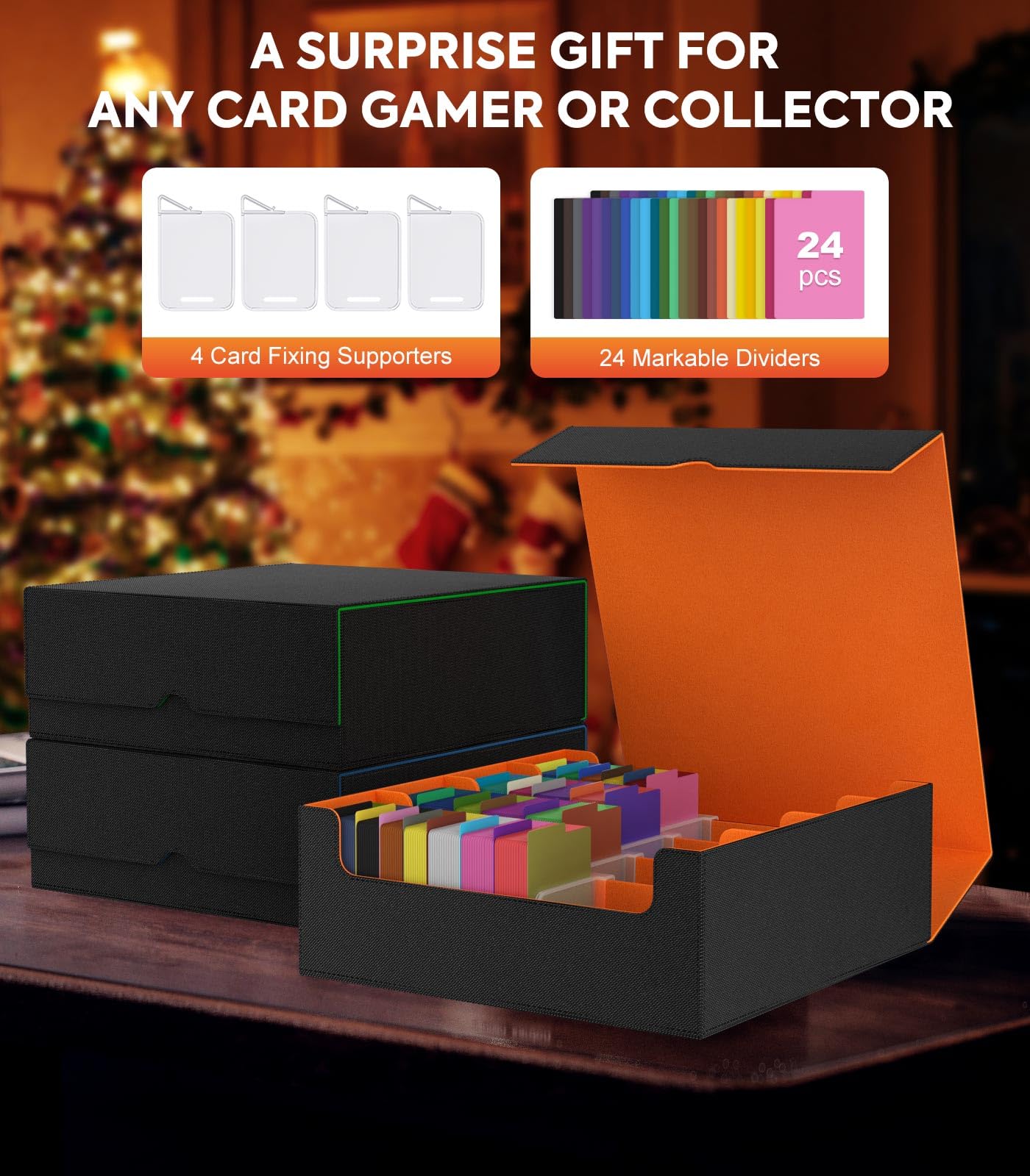 MoKo Trading Card Storage Box | 3000+ Capacity, 24 Dividers, 4 Card Supporters, PU Leather