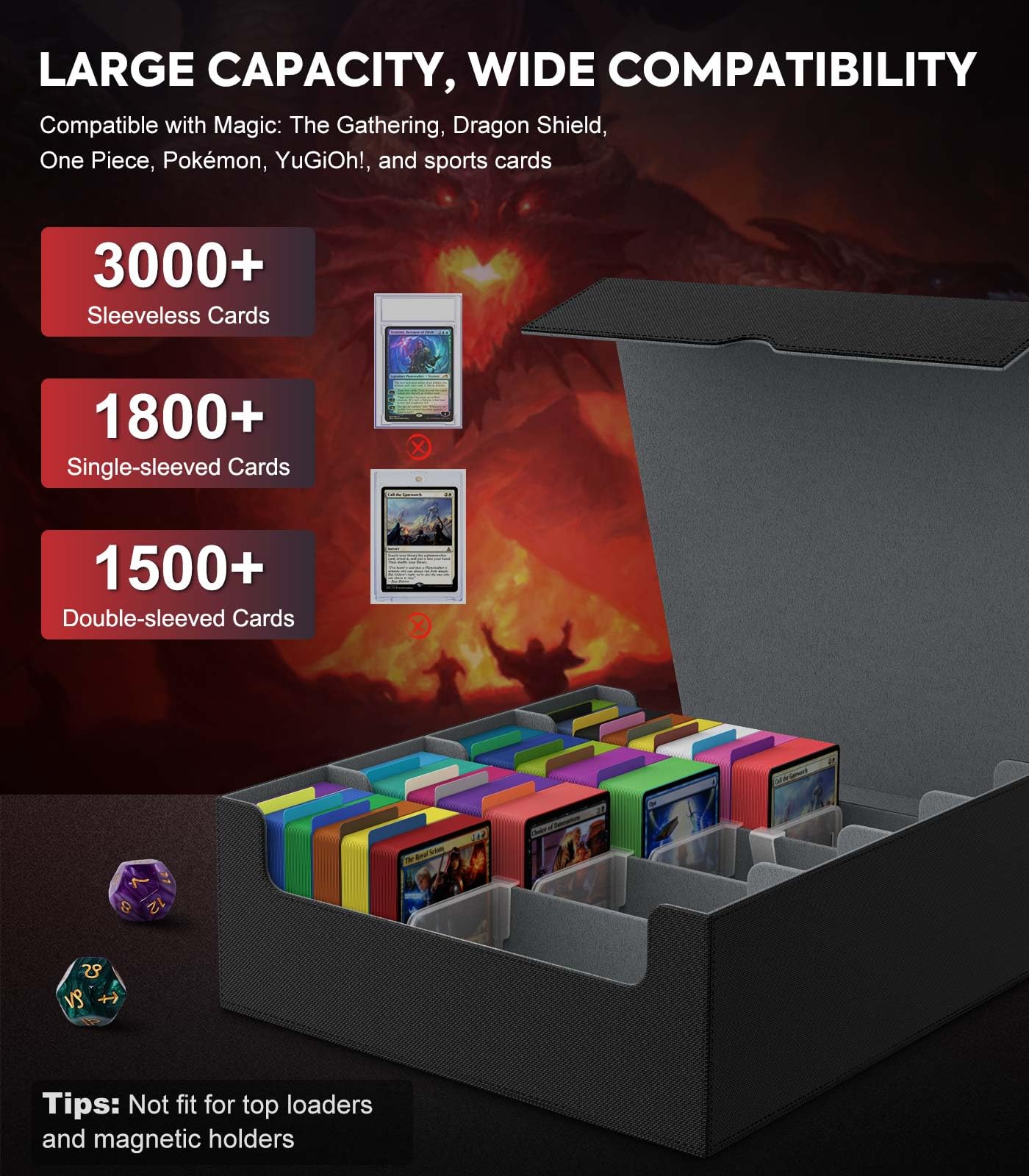 MoKo Trading Card Storage Box - 3000+ Capacity Deck Box with 4 Supports & 24 Dividers