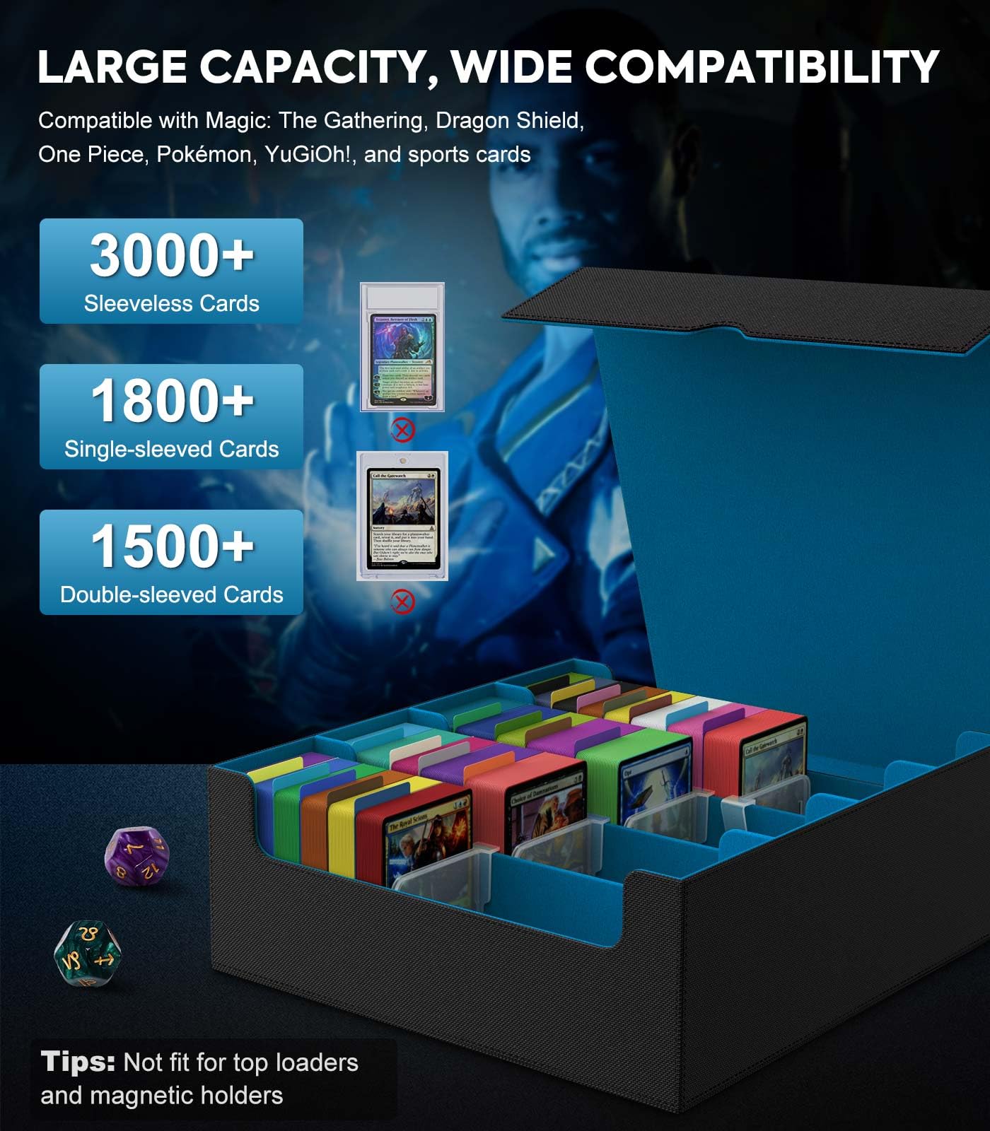 MoKo Trading Card Storage Box – 3000+ Capacity, 24 Dividers, 4 Card Supporters, Cyan