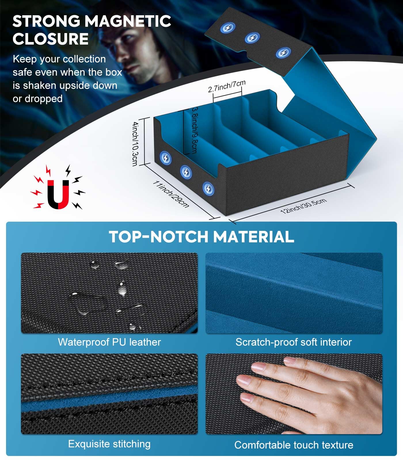 MoKo Trading Card Storage Box – 3000+ Capacity, 24 Dividers, 4 Card Supporters, Cyan