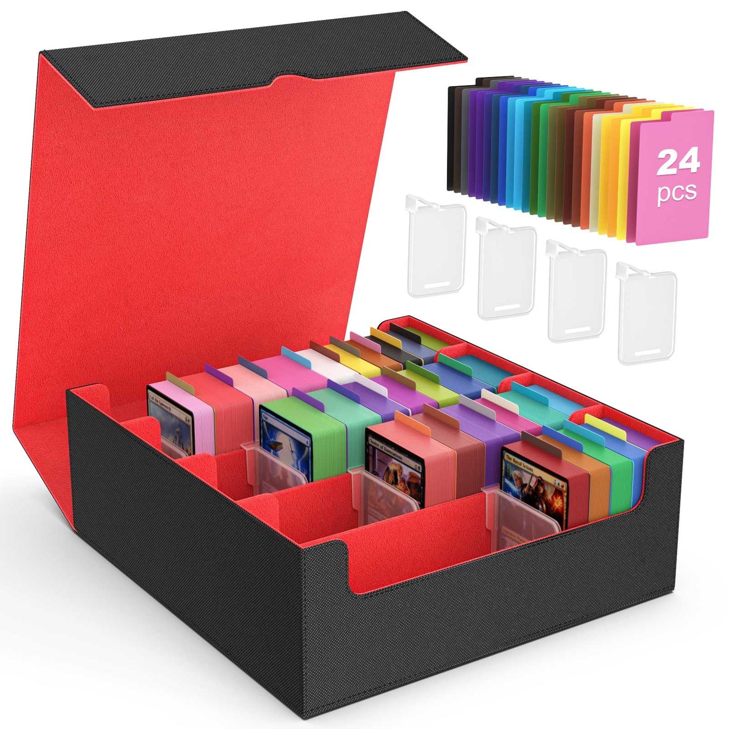 MoKo Trading Card Storage Box — 3000+ Cards, 24 Dividers, 4 Card Supporters, Magnetic Closure, Fits MTG & Yu-Gi-Oh! – Black Red