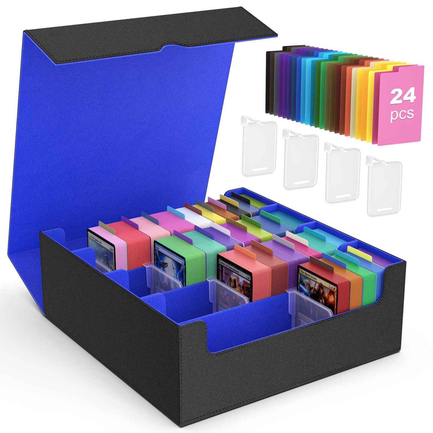 MoKo Trading Card Storage Box – 3000+ Capacity, 4 Card Supporters, 24 Dividers, Magnetic PU Leather Case