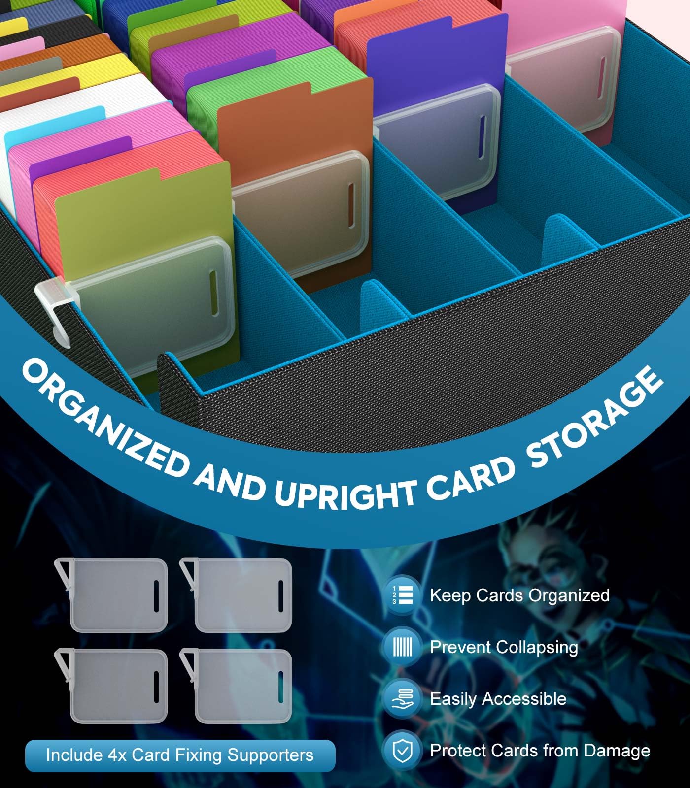 MoKo Trading Card Storage Box – 3000+ Capacity, 24 Dividers, 4 Card Supporters, Cyan