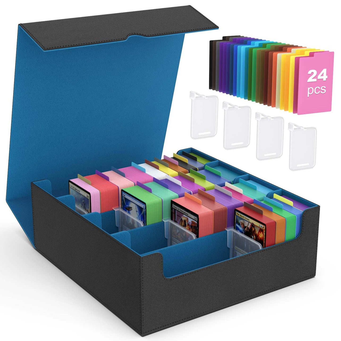 MoKo Trading Card Storage Box – 3000+ Capacity, 24 Dividers, 4 Card Supporters, Cyan