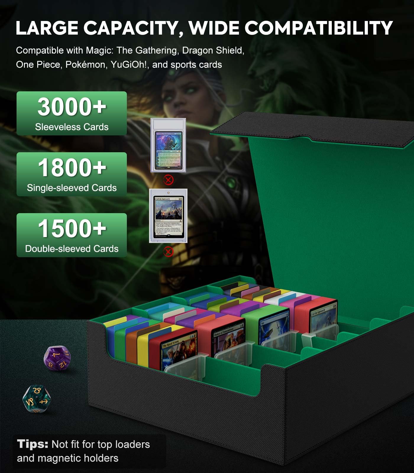 MoKo Trading Card Storage Box – 3000+ Card Capacity, 4 Card Supports, 24 Dividers, Magnetic Closure, Green
