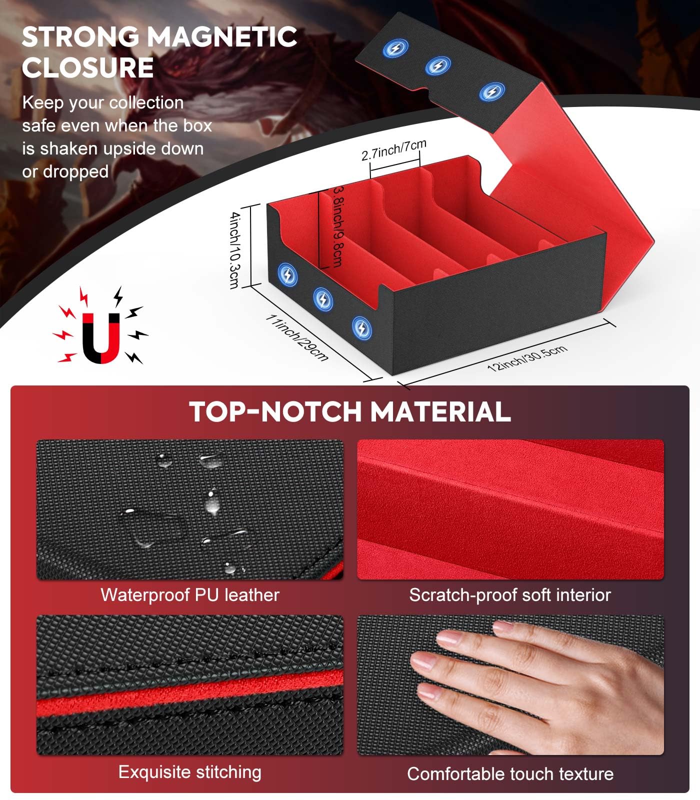 MoKo Trading Card Storage Box — 3000+ Cards, 24 Dividers, 4 Card Supporters, Magnetic Closure, Fits MTG & Yu-Gi-Oh! – Black Red