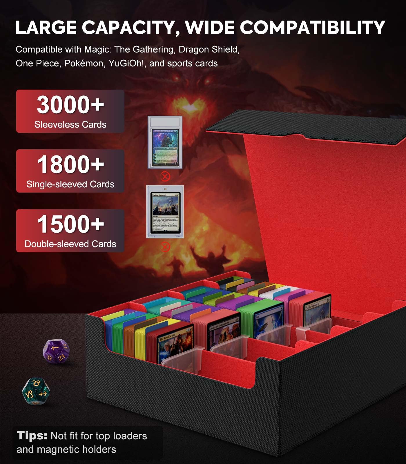 MoKo Trading Card Storage Box — 3000+ Cards, 24 Dividers, 4 Card Supporters, Magnetic Closure, Fits MTG & Yu-Gi-Oh! – Black Red