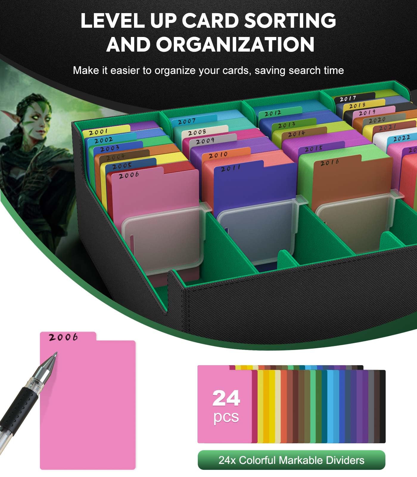 MoKo Trading Card Storage Box – 3000+ Card Capacity, 4 Card Supports, 24 Dividers, Magnetic Closure, Green