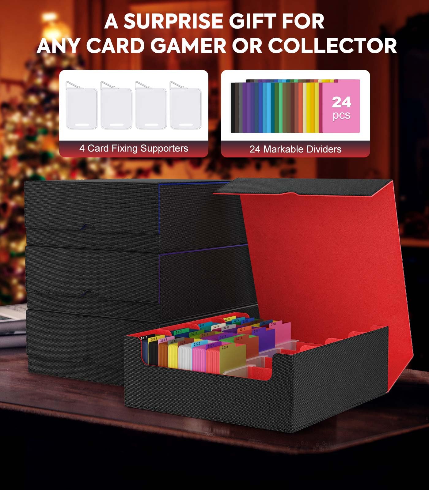 MoKo Trading Card Storage Box — 3000+ Cards, 24 Dividers, 4 Card Supporters, Magnetic Closure, Fits MTG & Yu-Gi-Oh! – Black Red