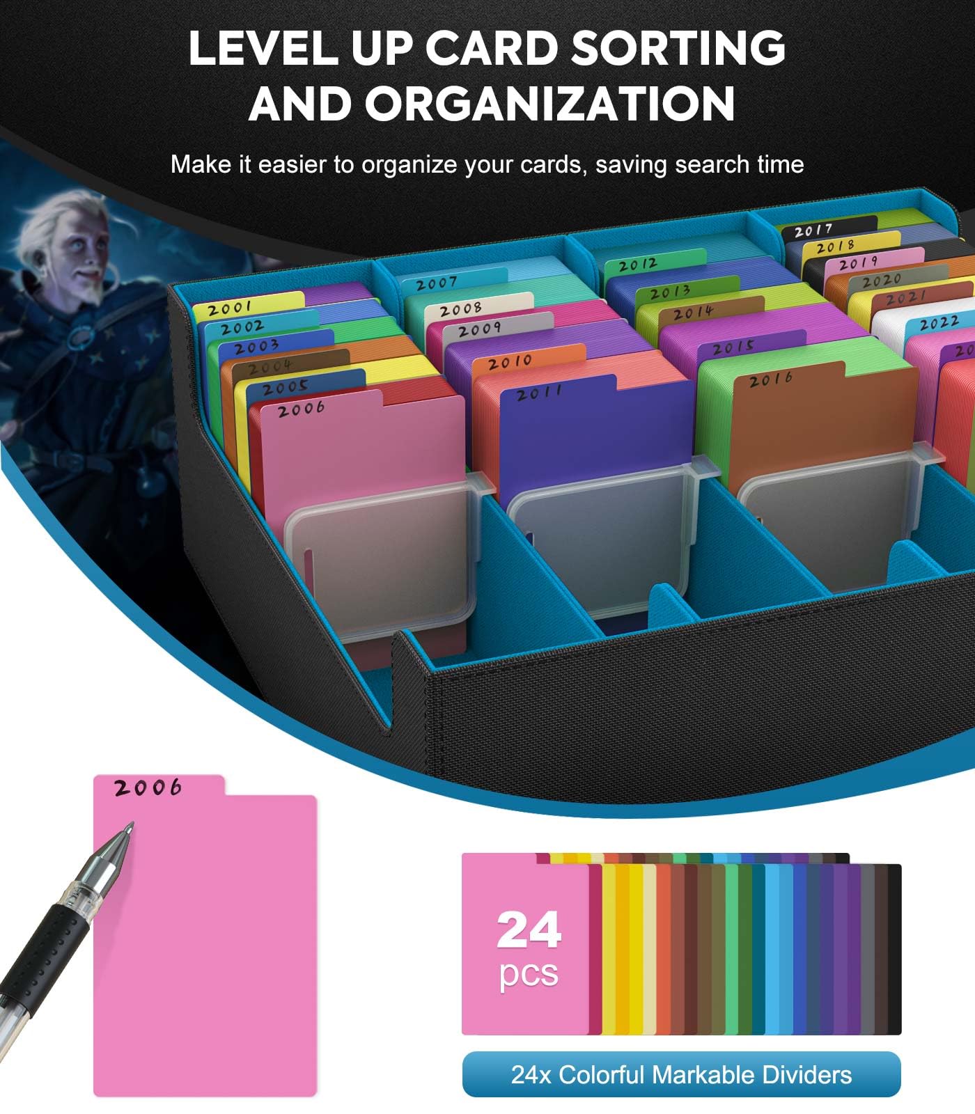 MoKo Trading Card Storage Box – 3000+ Capacity, 24 Dividers, 4 Card Supporters, Cyan