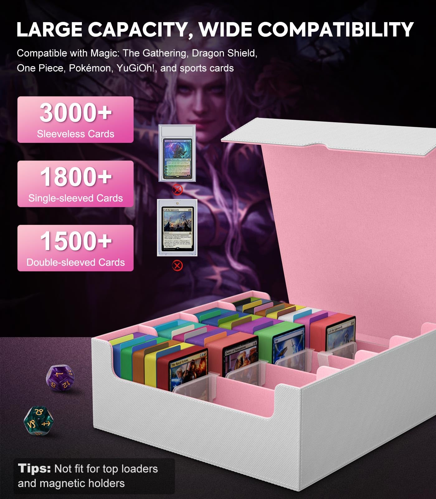 MoKo Trading Card Storage Box – 3000+ Capacity, 24 Dividers, 4 Supports, Magnetic Closure