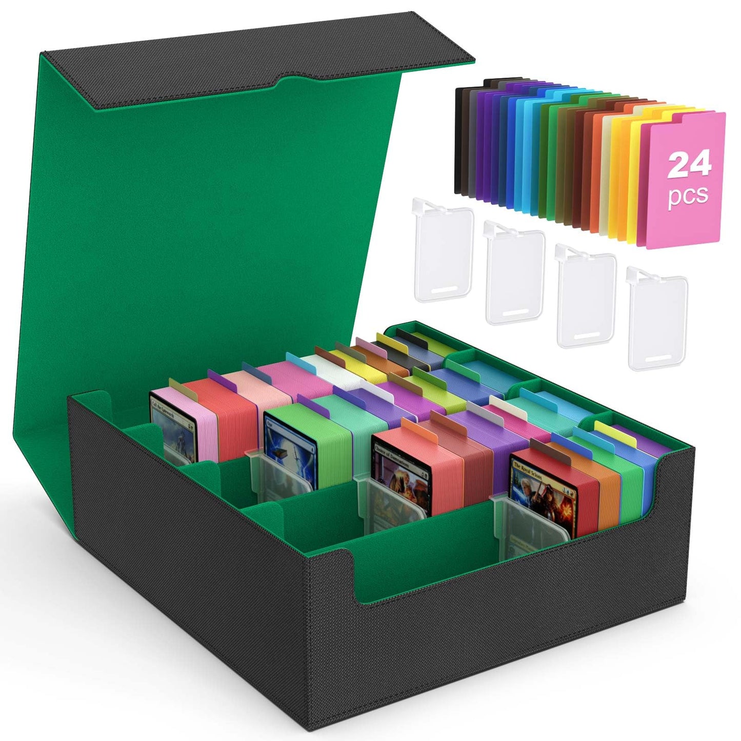 MoKo Trading Card Storage Box – 3000+ Card Capacity, 4 Card Supports, 24 Dividers, Magnetic Closure, Green