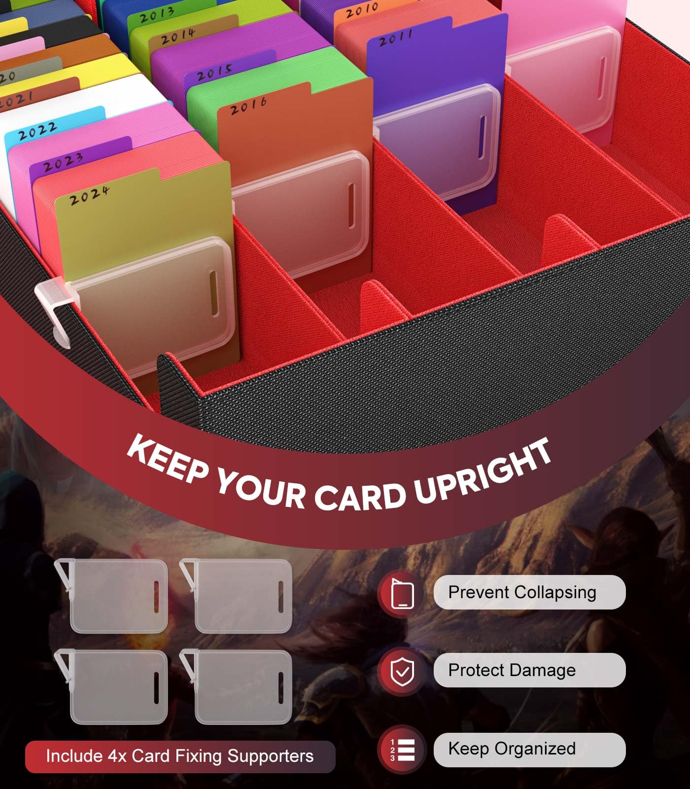 MoKo Trading Card Storage Box — 3000+ Cards, 24 Dividers, 4 Card Supporters, Magnetic Closure, Fits MTG & Yu-Gi-Oh! – Black Red