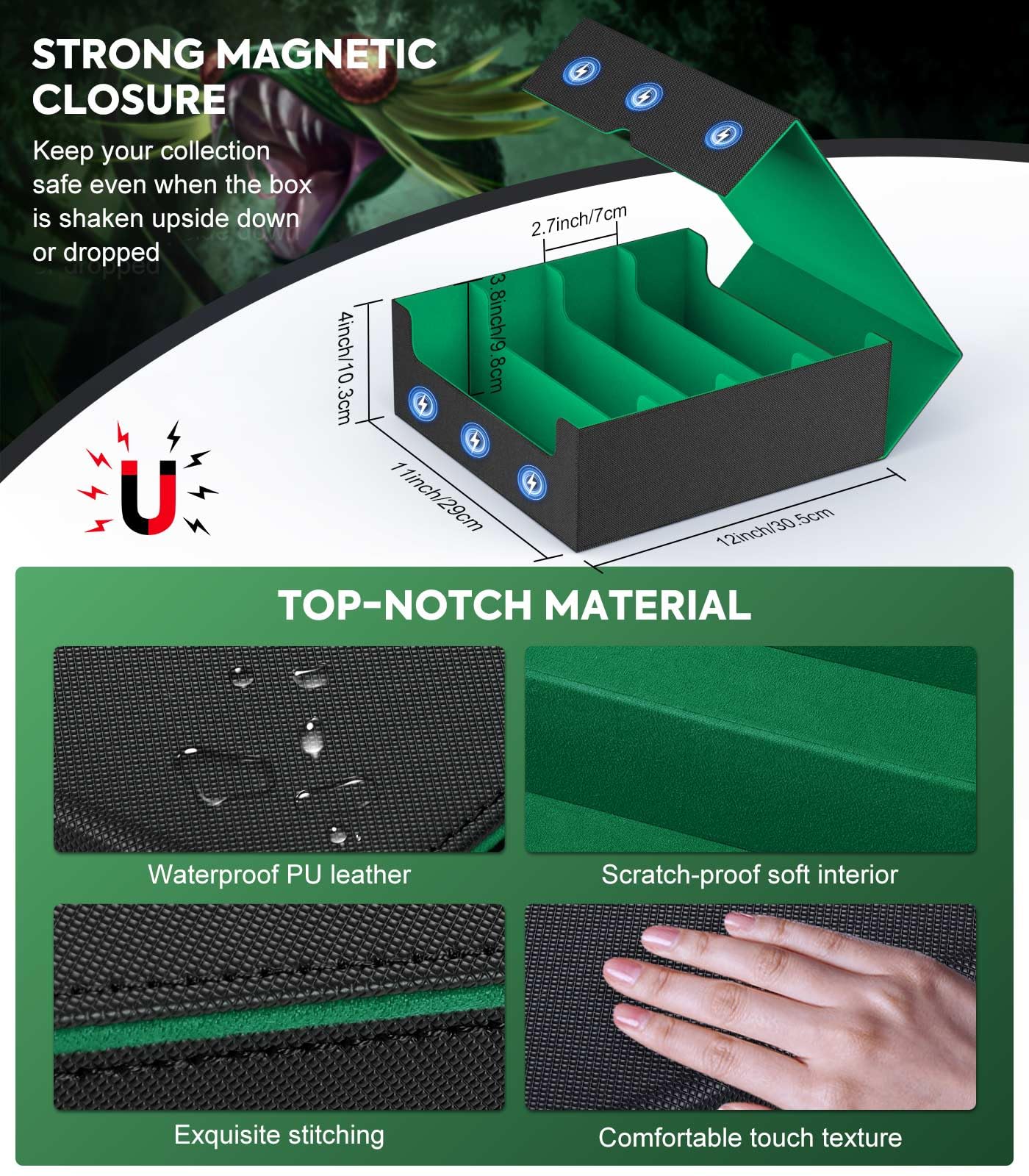 MoKo Trading Card Storage Box – 3000+ Card Capacity, 4 Card Supports, 24 Dividers, Magnetic Closure, Green