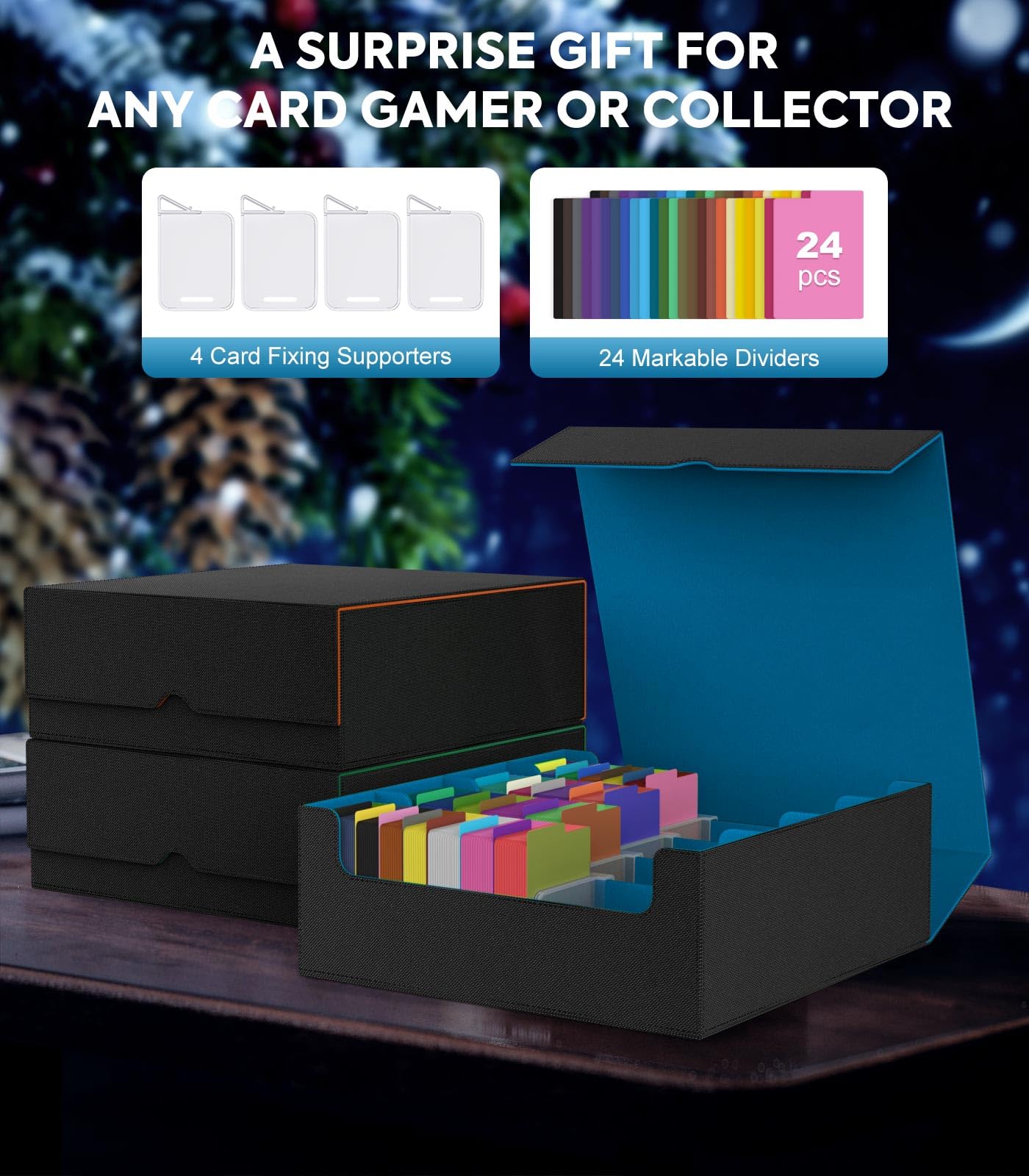 MoKo Trading Card Storage Box – 3000+ Capacity, 24 Dividers, 4 Card Supporters, Cyan