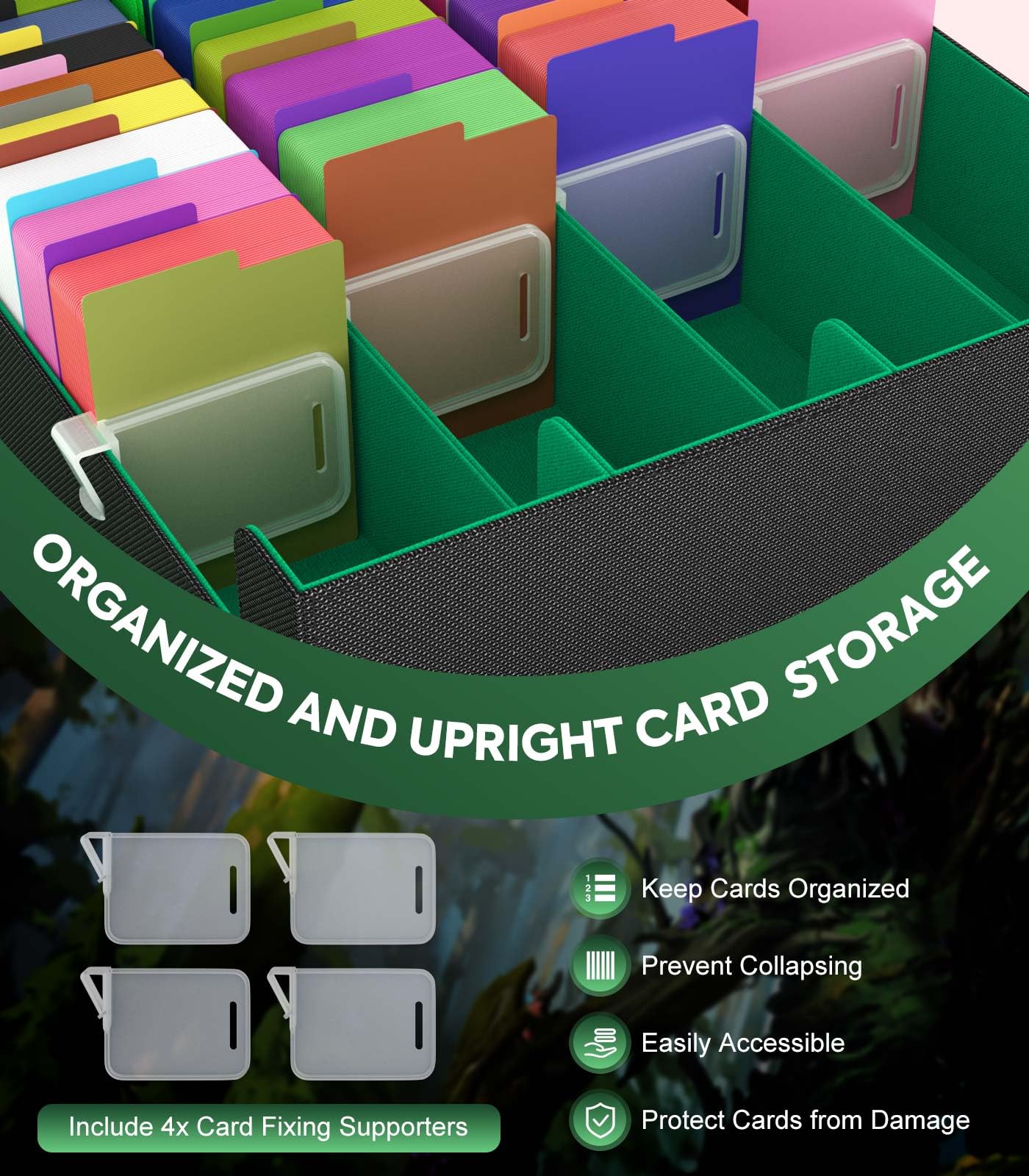 MoKo Trading Card Storage Box – 3000+ Card Capacity, 4 Card Supports, 24 Dividers, Magnetic Closure, Green