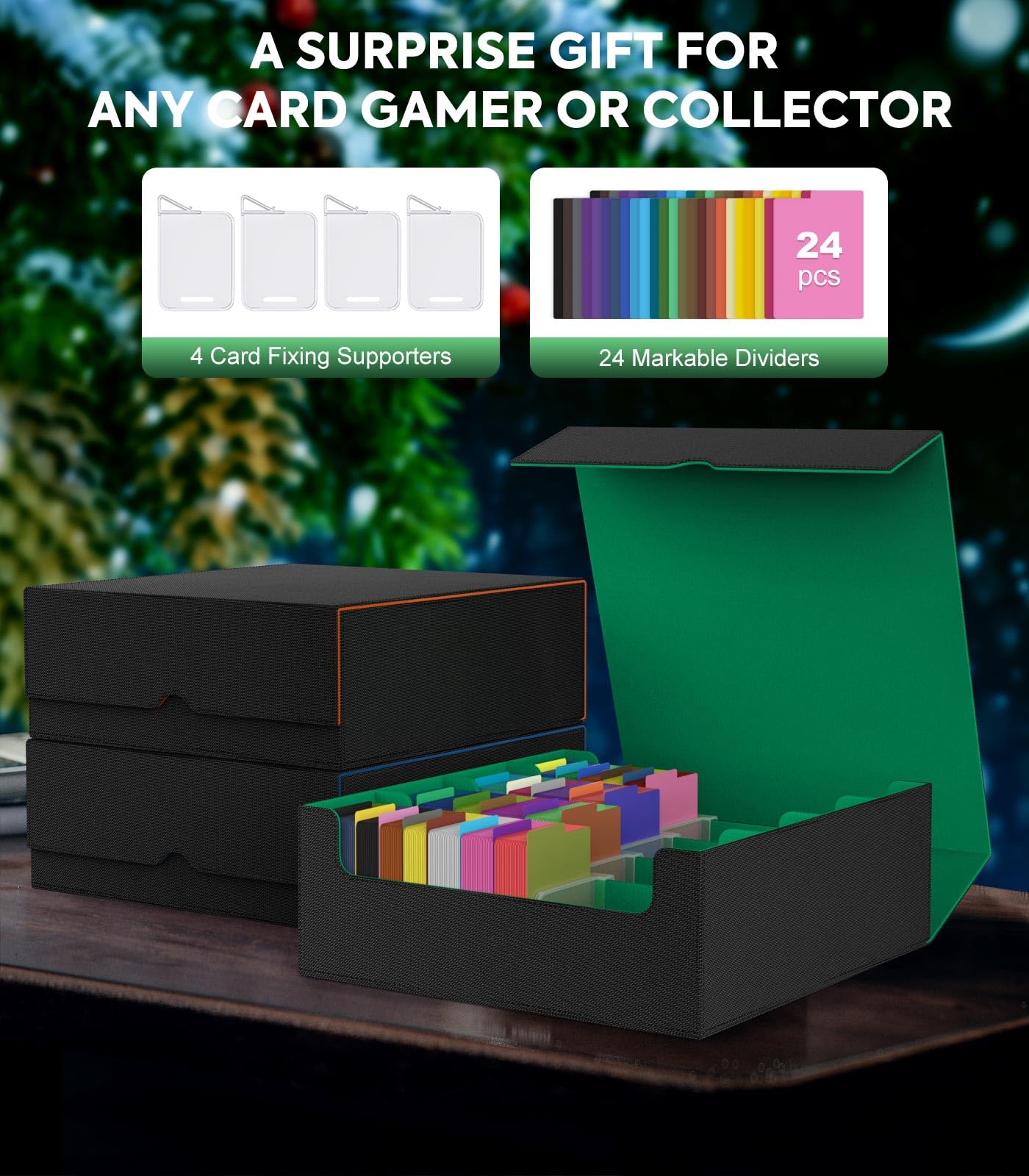 MoKo Trading Card Storage Box – 3000+ Card Capacity, 4 Card Supports, 24 Dividers, Magnetic Closure, Green